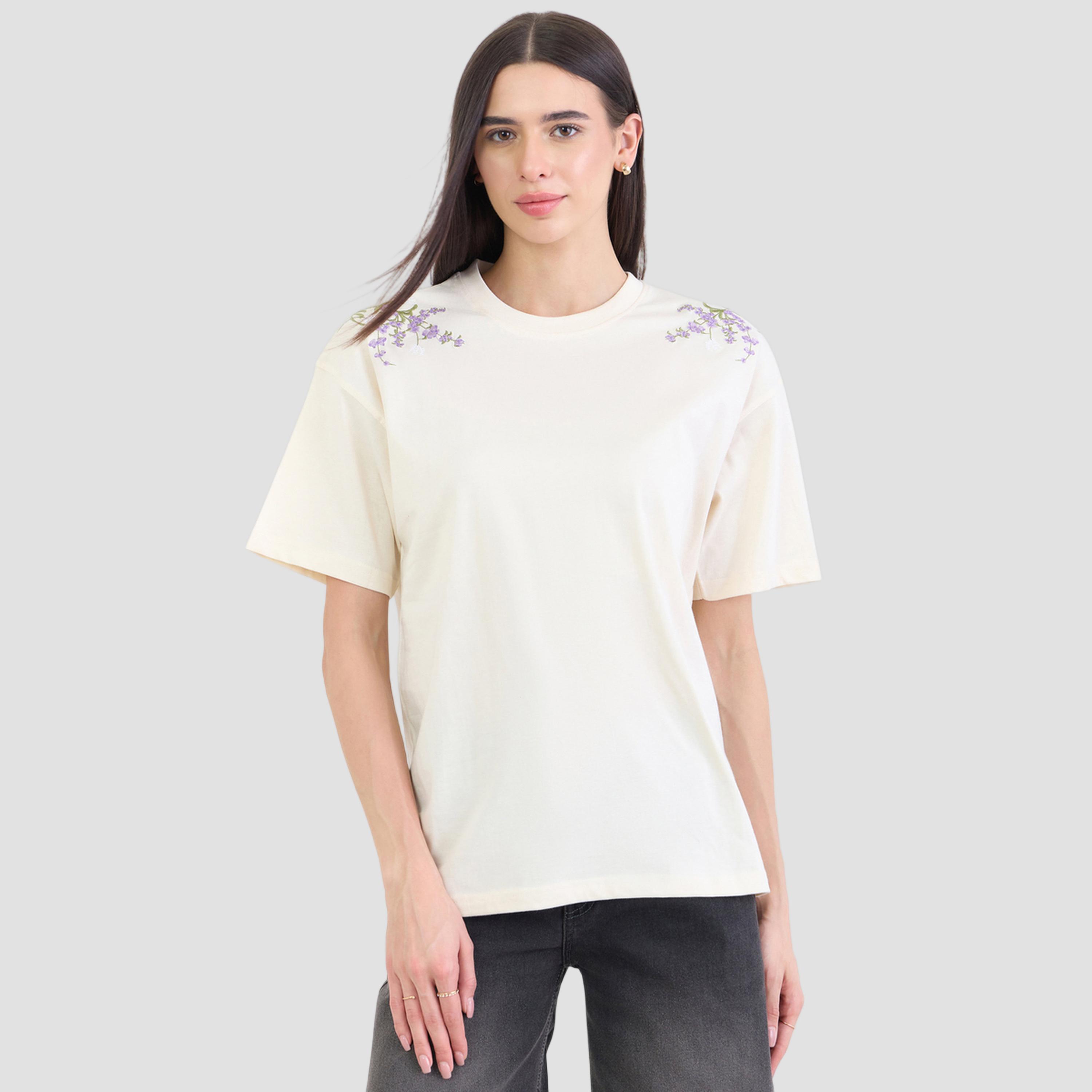Styli Cream Oversized Shoulder Embroidered 100% Cotton T-Shirt-women-clothing-tshirts-image-1