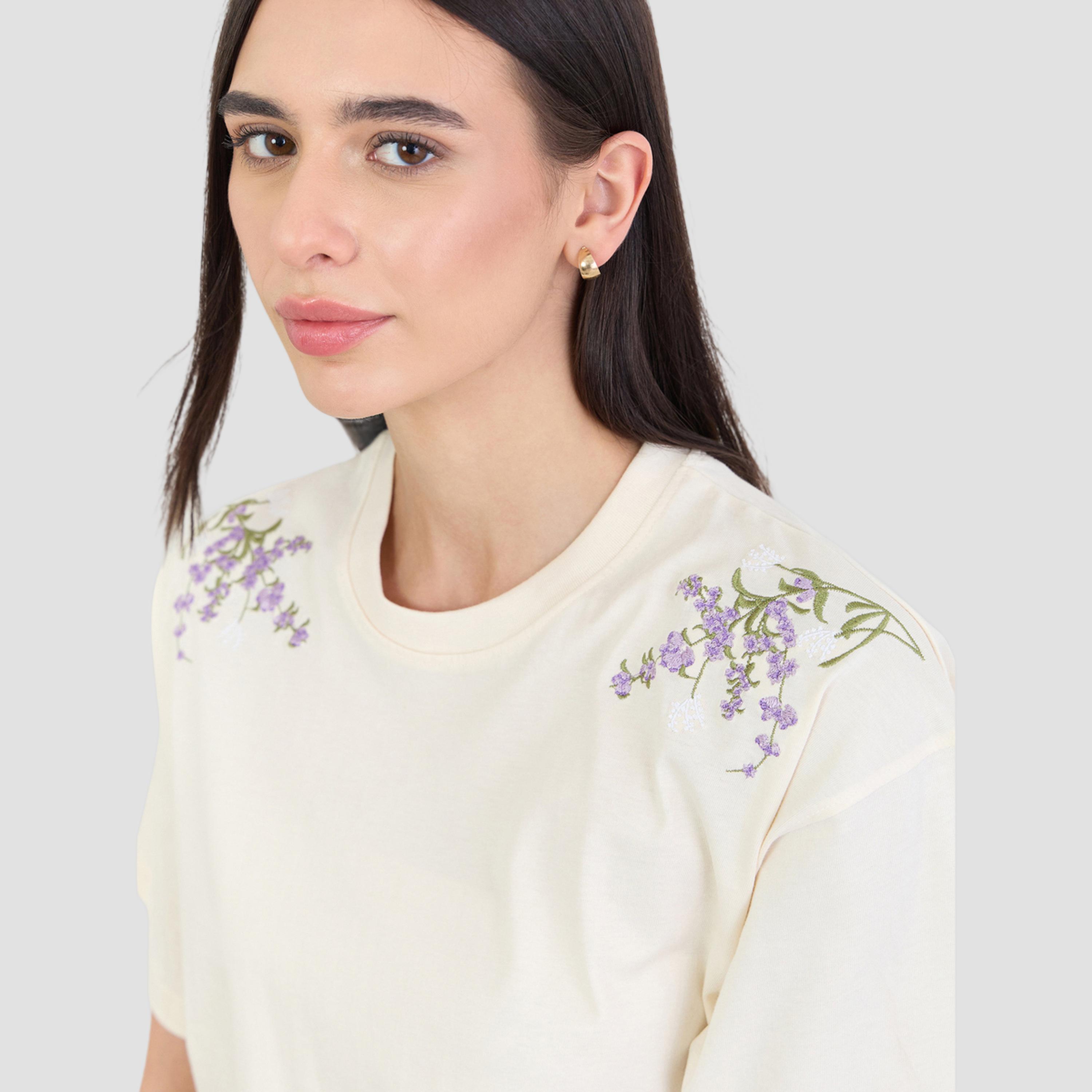 Styli Cream Oversized Shoulder Embroidered 100% Cotton T-Shirt-women-clothing-tshirts-image-4