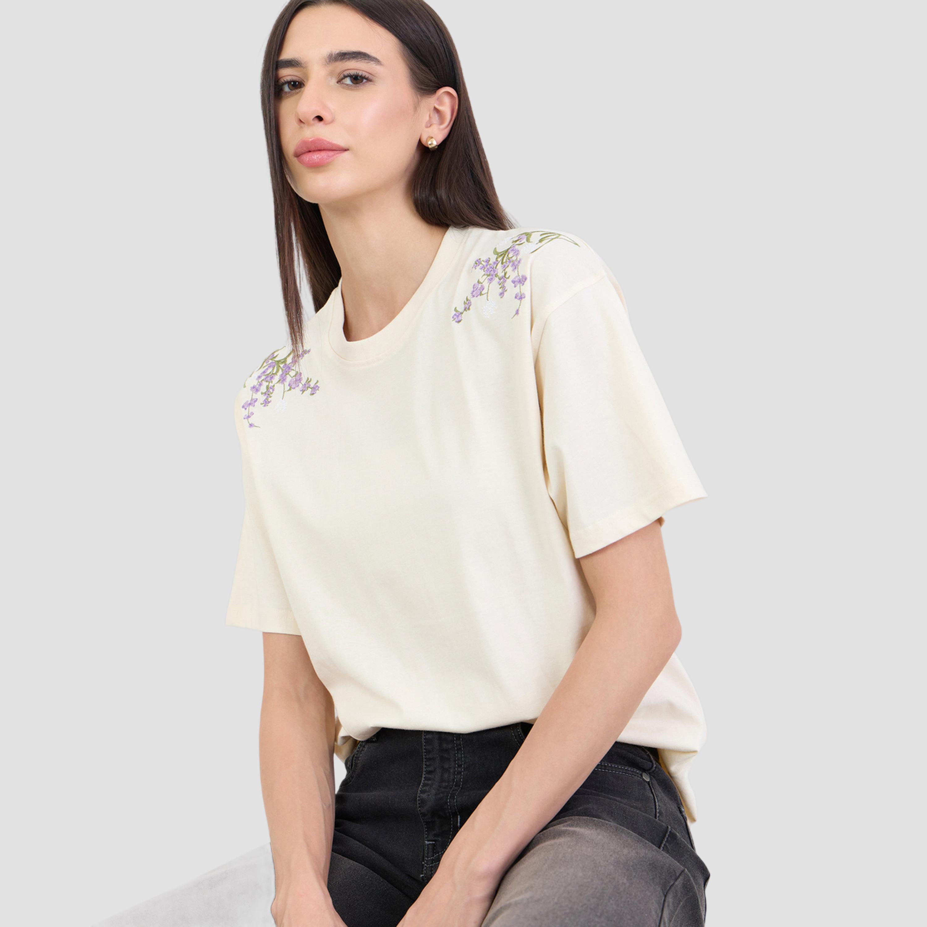 Styli Cream Oversized Shoulder Embroidered 100% Cotton T-Shirt-women-clothing-tshirts-image-5