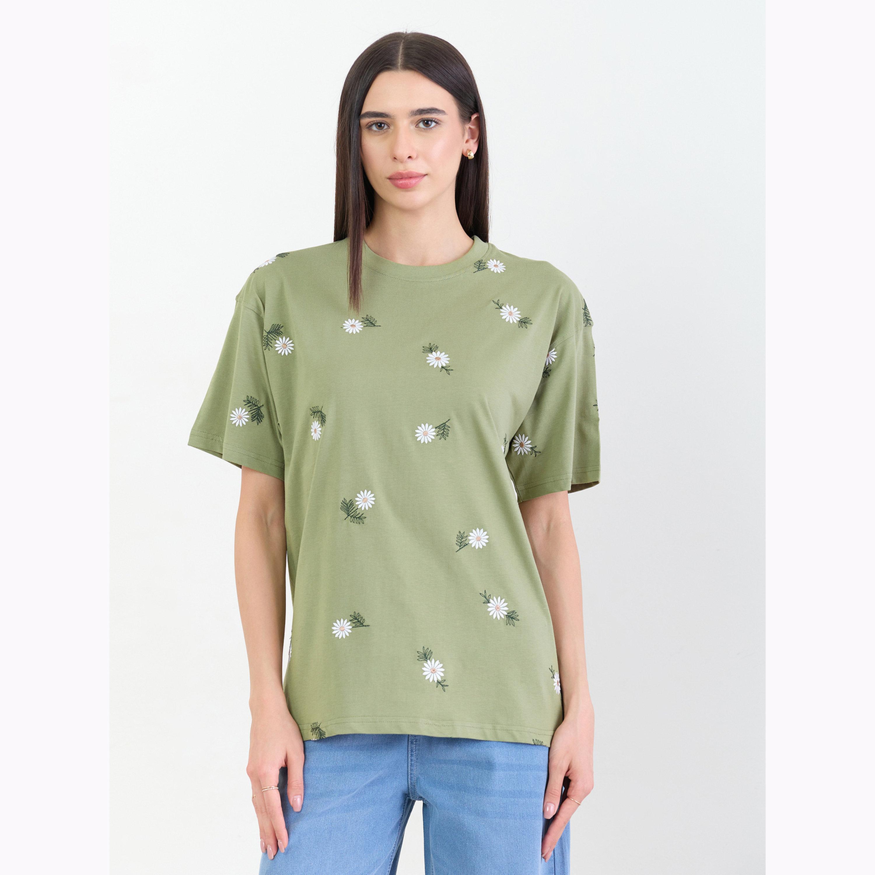 Styli Green Oversized Floral Embroidered 100% Cotton T- Shirt-women-clothing-tshirts-image-1