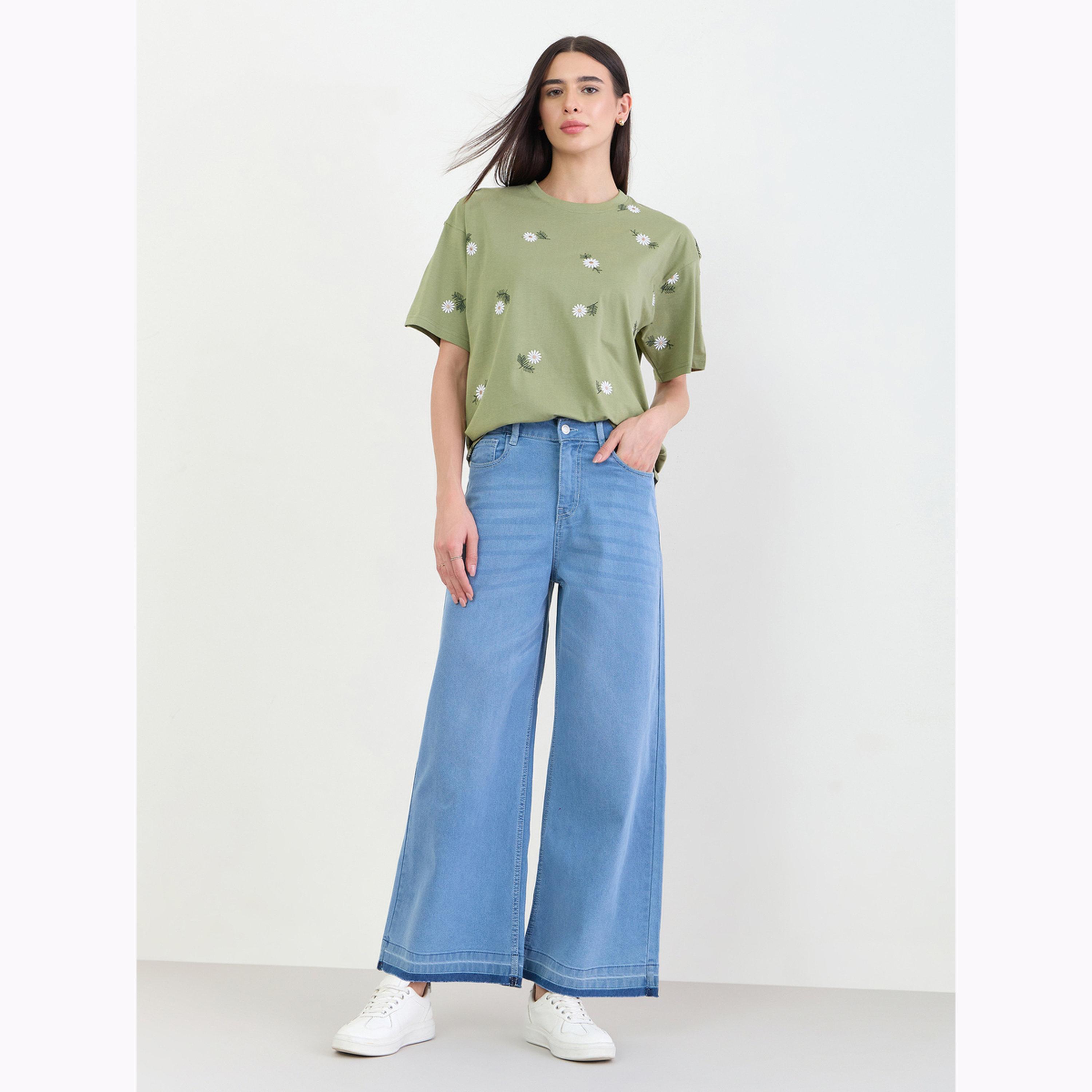 Styli Green Oversized Floral Embroidered 100% Cotton T- Shirt-women-clothing-tshirts-image-2
