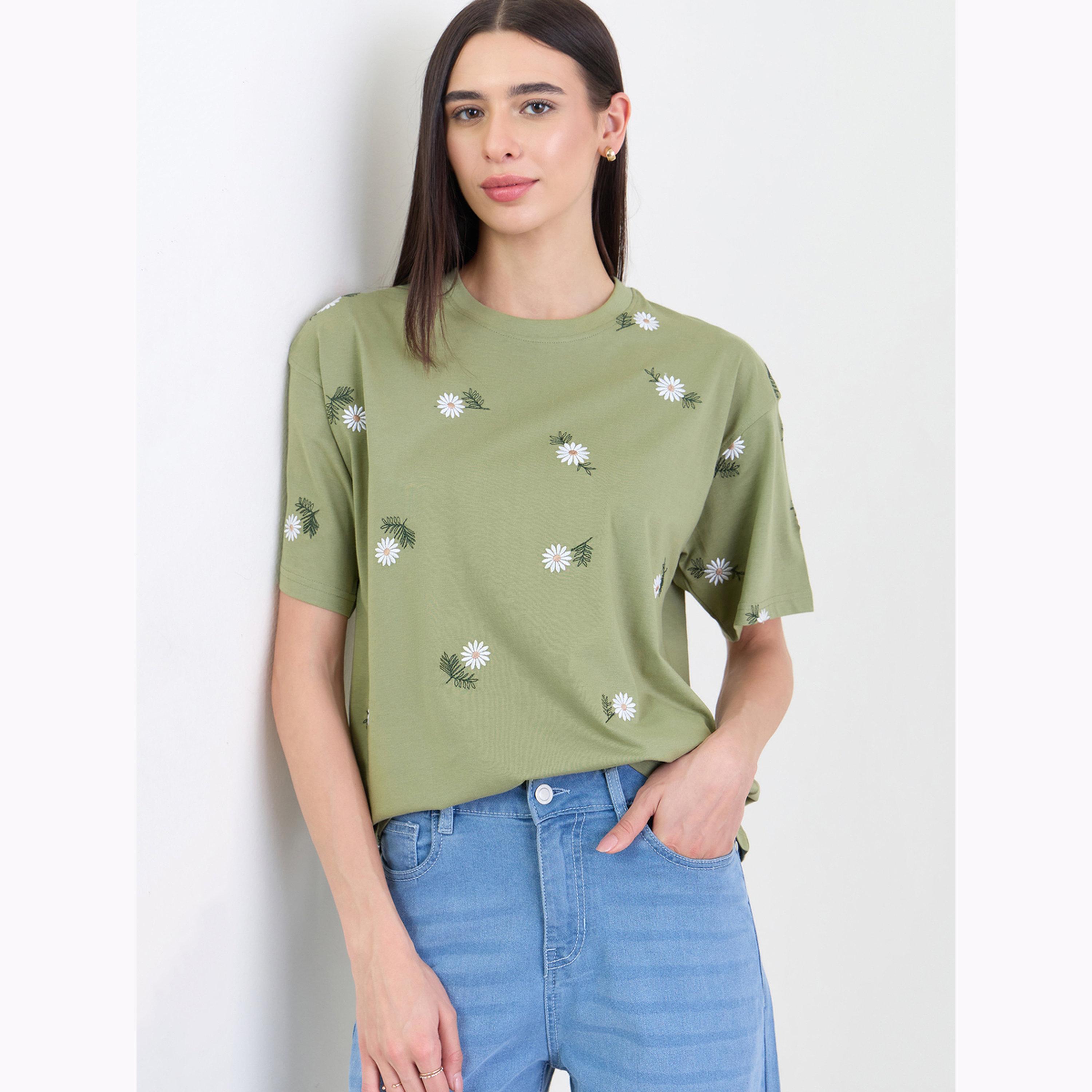 Styli Green Oversized Floral Embroidered 100% Cotton T- Shirt-women-clothing-tshirts-image-3