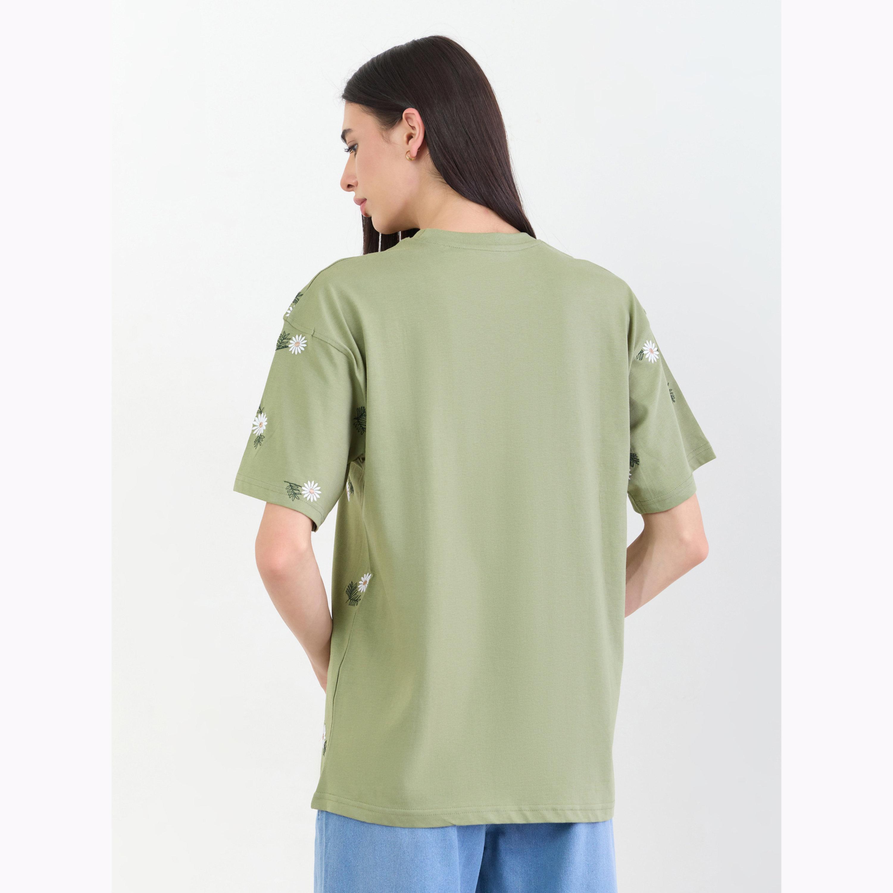 Styli Green Oversized Floral Embroidered 100% Cotton T- Shirt-women-clothing-tshirts-image-4