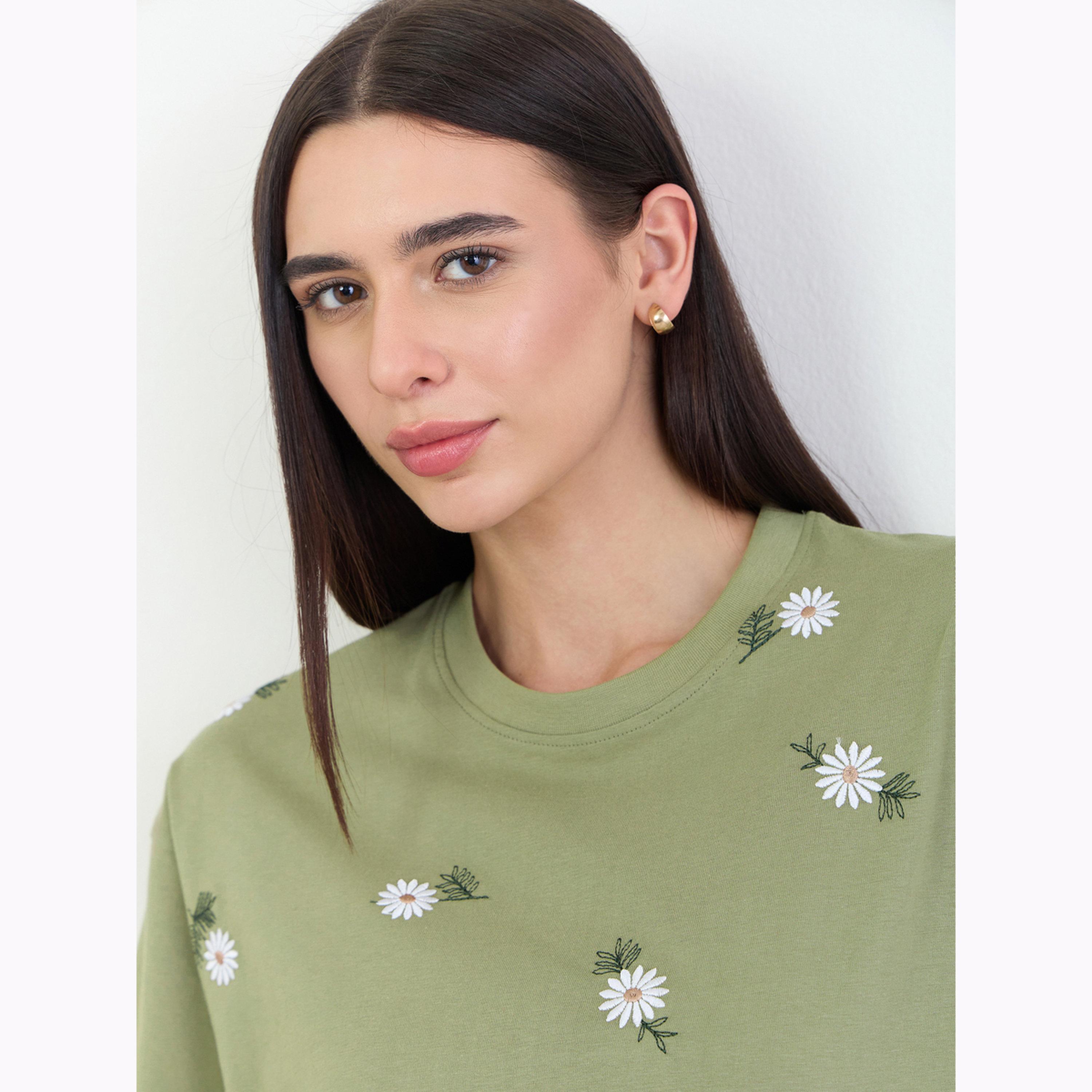 Styli Green Oversized Floral Embroidered 100% Cotton T- Shirt-women-clothing-tshirts-image-5