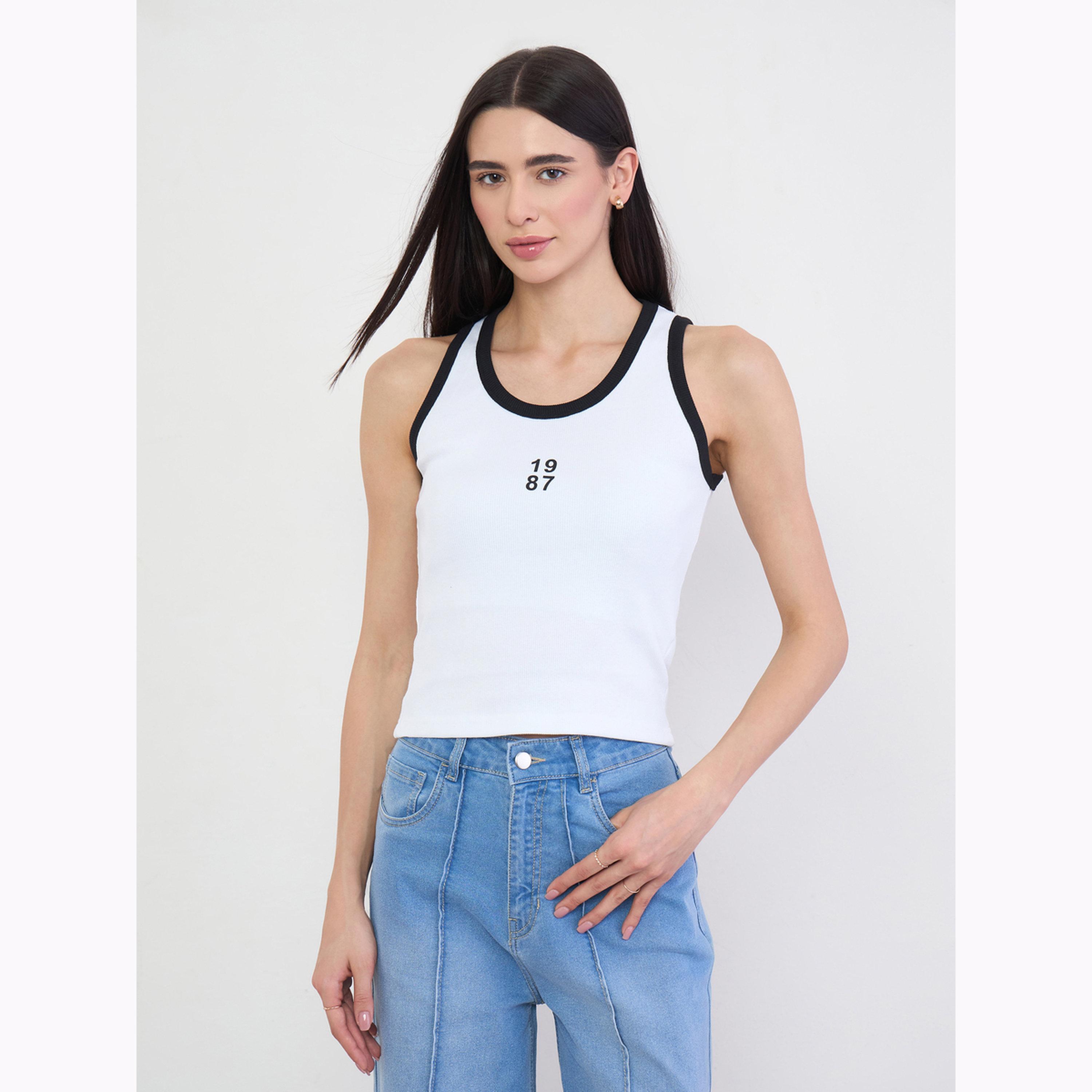 Styli White Ribbed Contrast Trim Tank-women-clothing-shirtsandblouses-blouses-image-3