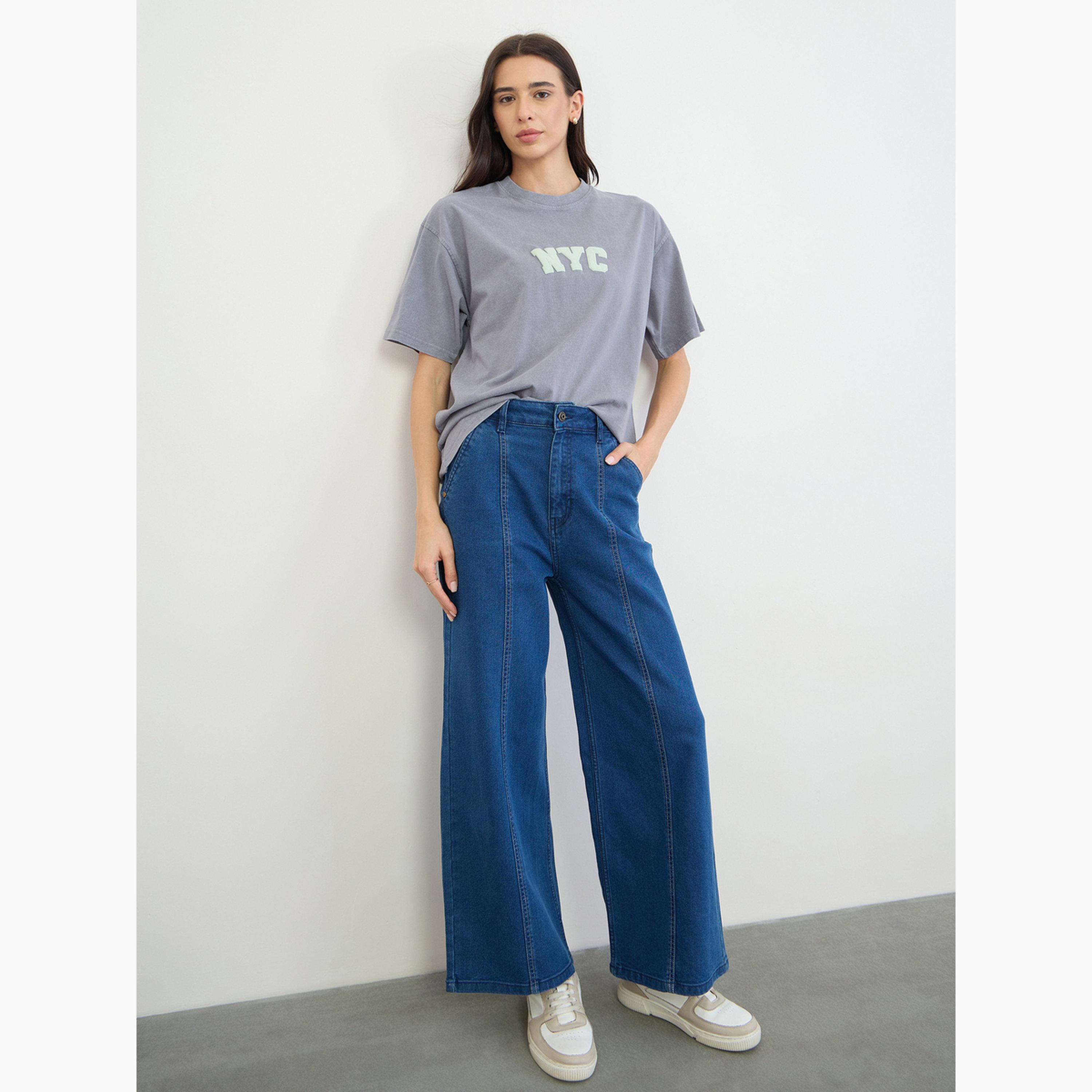 تيشيرت قطن غسيل حمضي بشعار نيويورك-women-clothing-tshirts-image-2