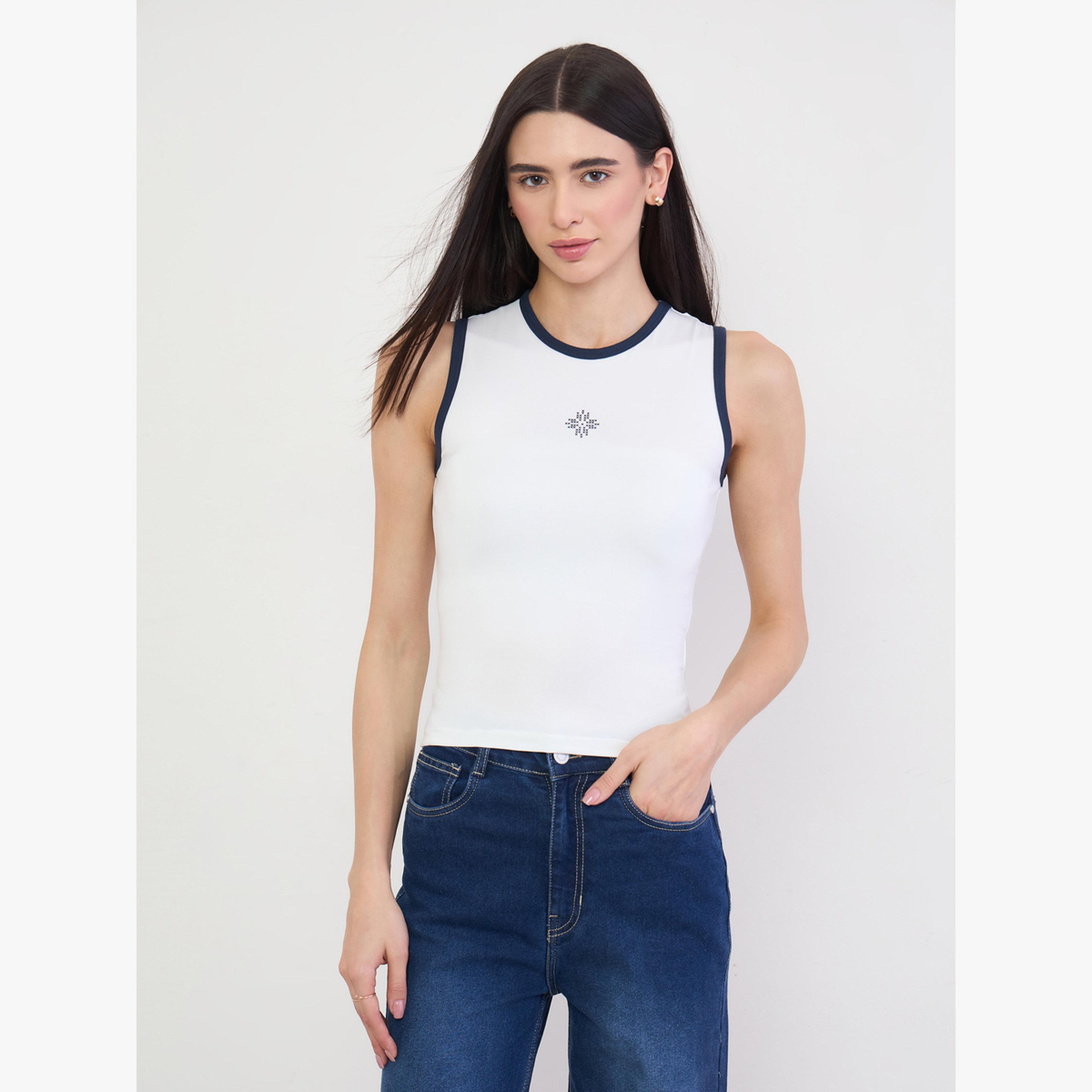 Styli White Fitted Cotton Tank with Contrast Trim-women-clothing-tshirts-image-1