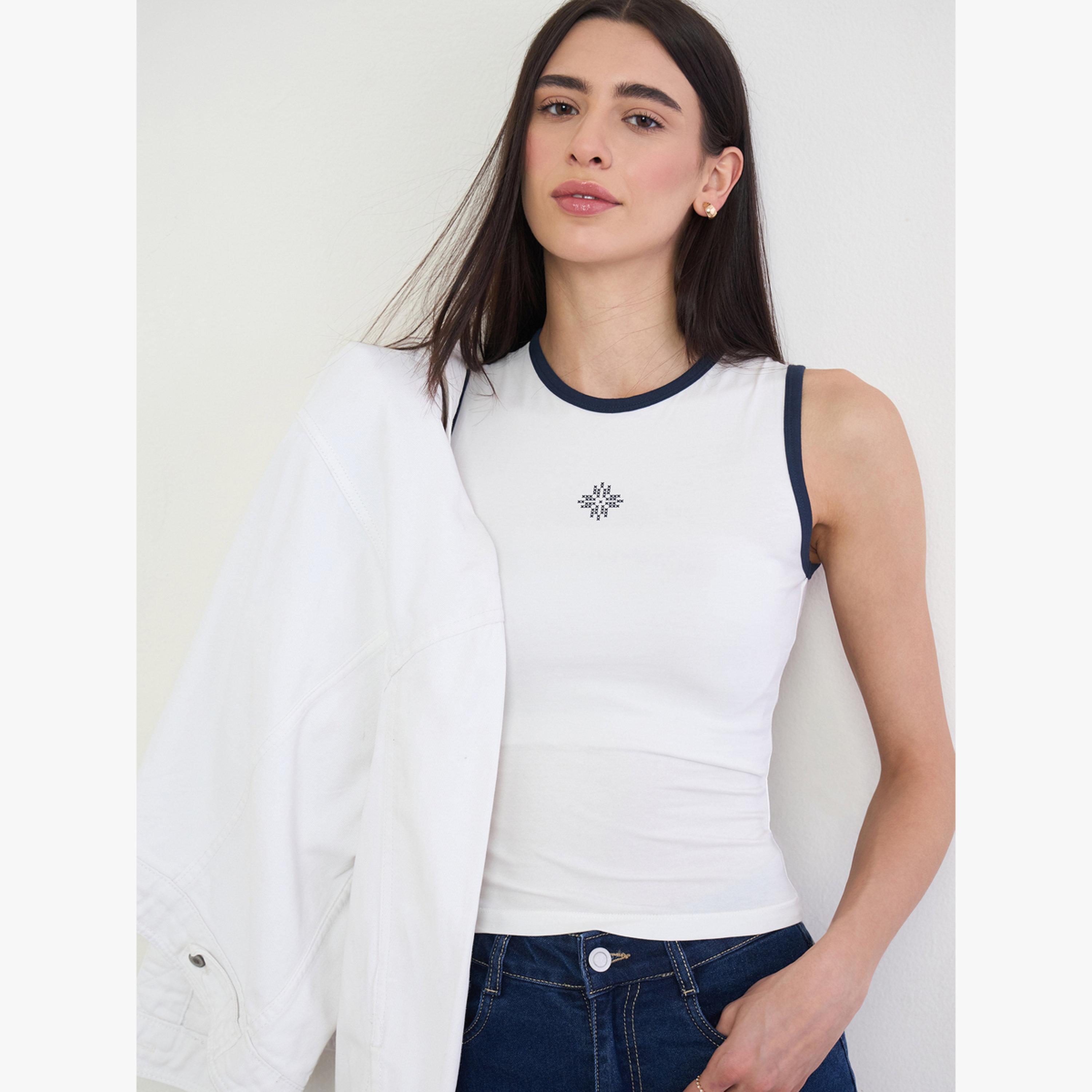 Styli White Fitted Cotton Tank with Contrast Trim-women-clothing-tshirts-image-3