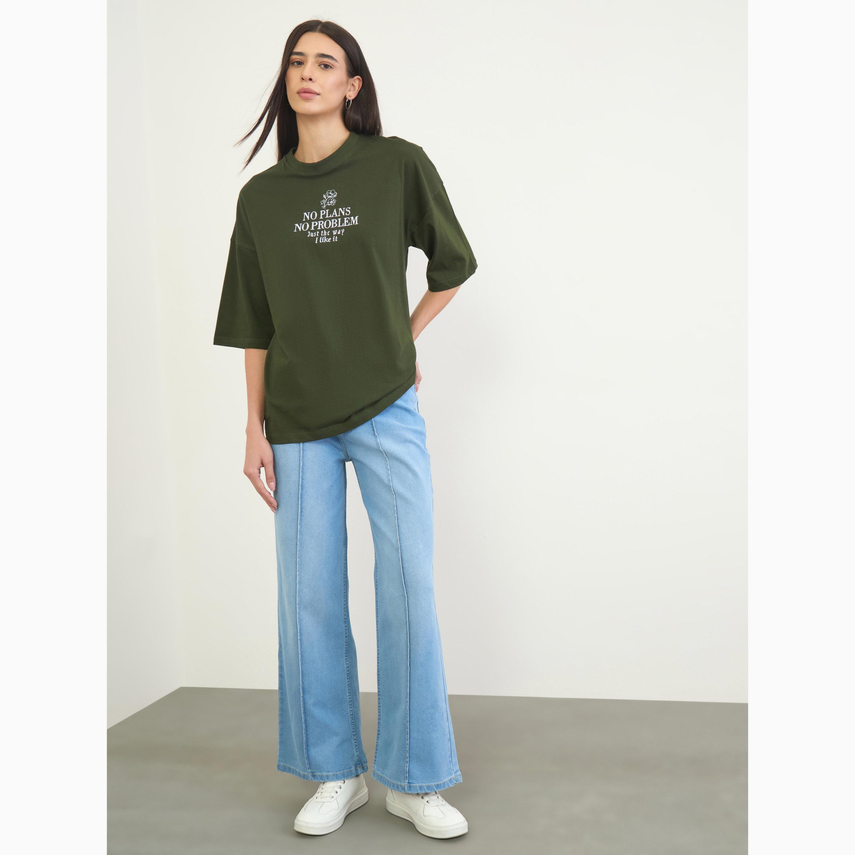 Styli Green 100% Cotton Slogan Embroidered Oversized T-Shirt-women-clothing-tshirts-image-2