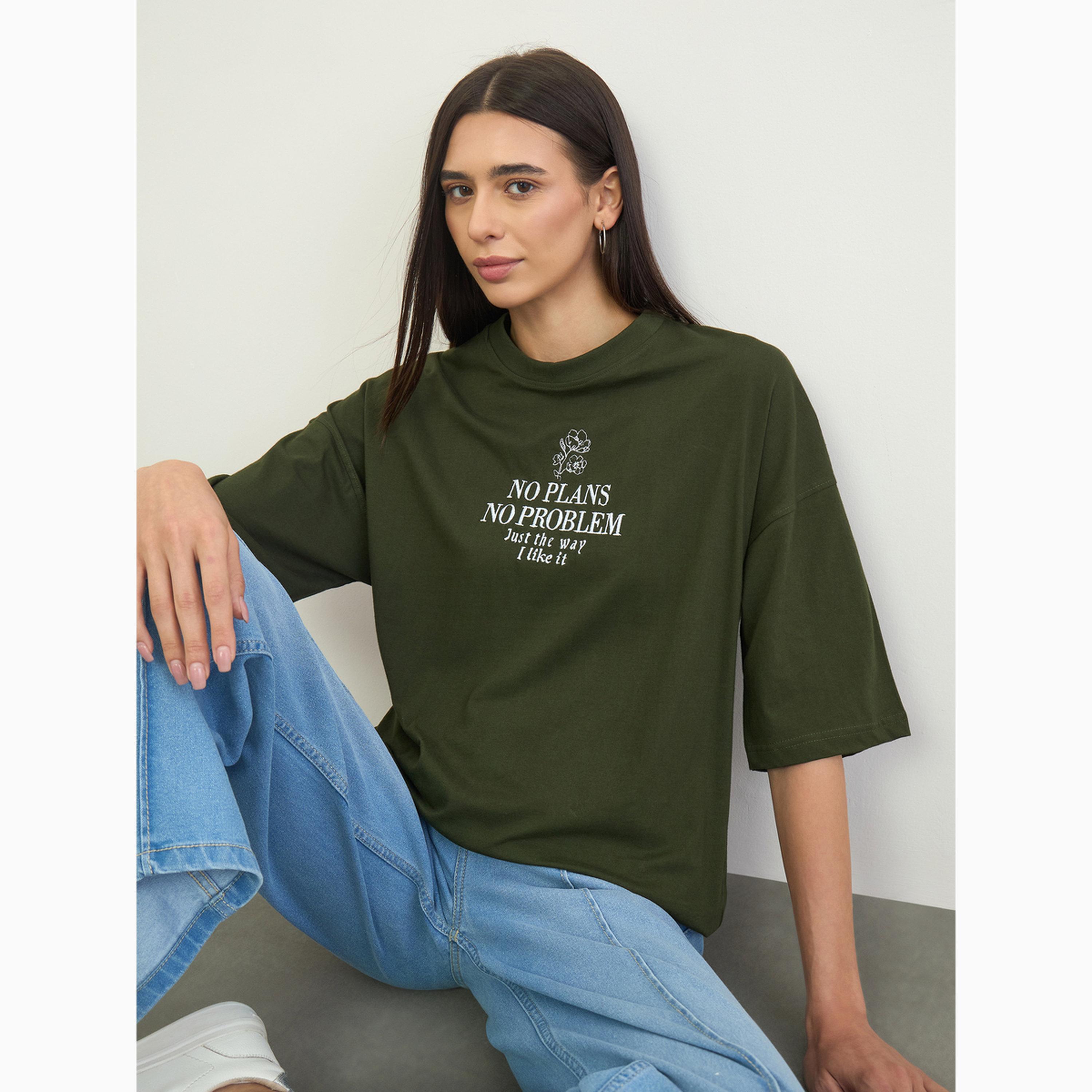 Styli Green 100% Cotton Slogan Embroidered Oversized T-Shirt-women-clothing-tshirts-image-3