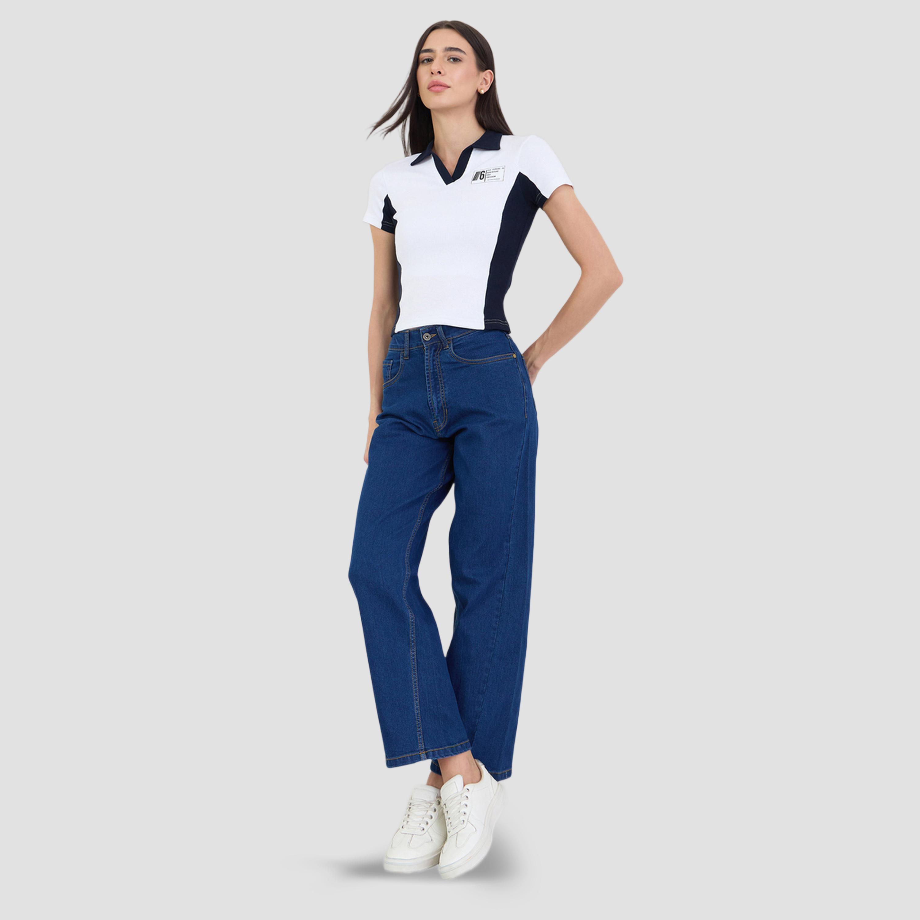 Styli White Color Block Ribbed Fitted Polo T-Shirt-women-clothing-tshirts-image-2