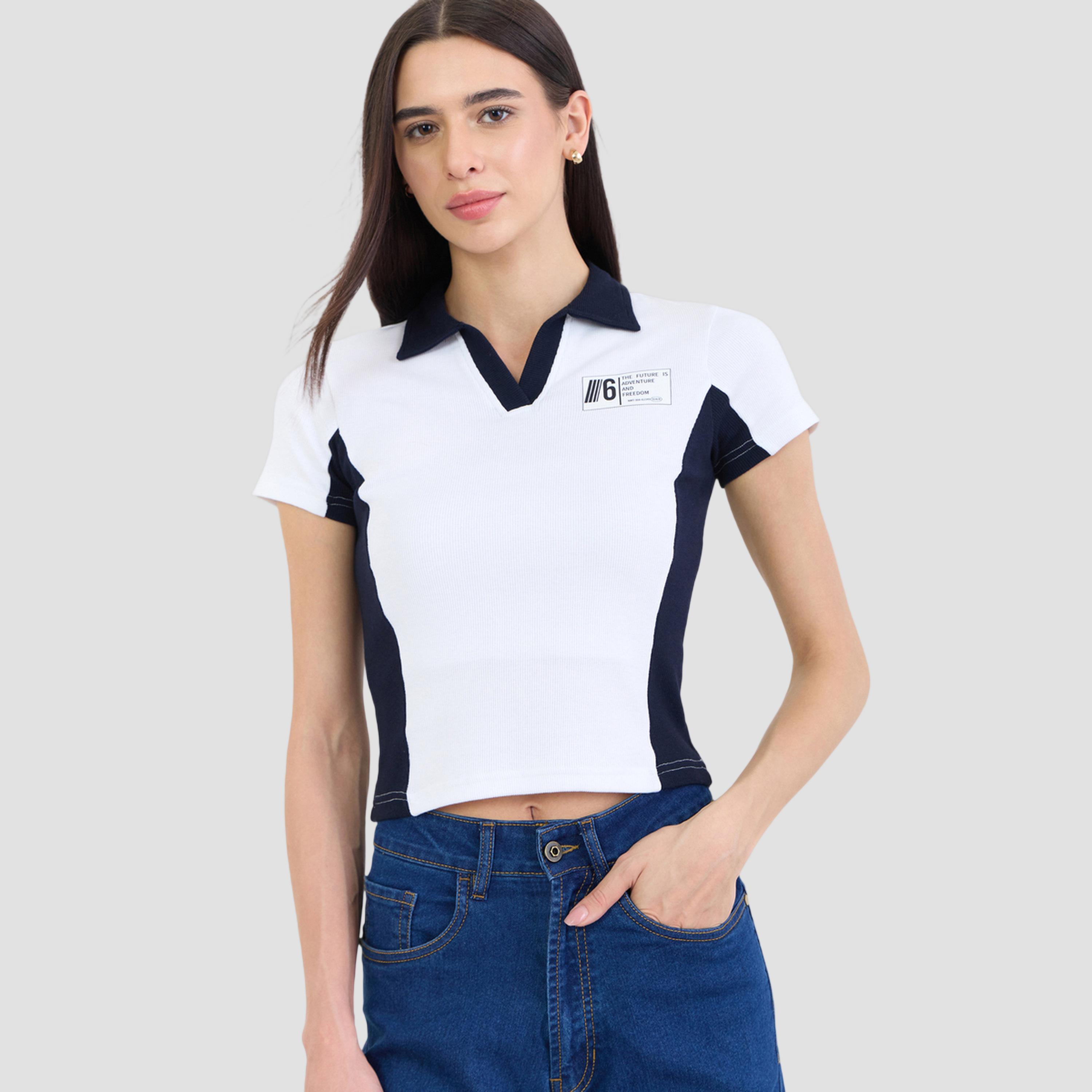 Styli White Color Block Ribbed Fitted Polo T-Shirt-women-clothing-tshirts-image-5
