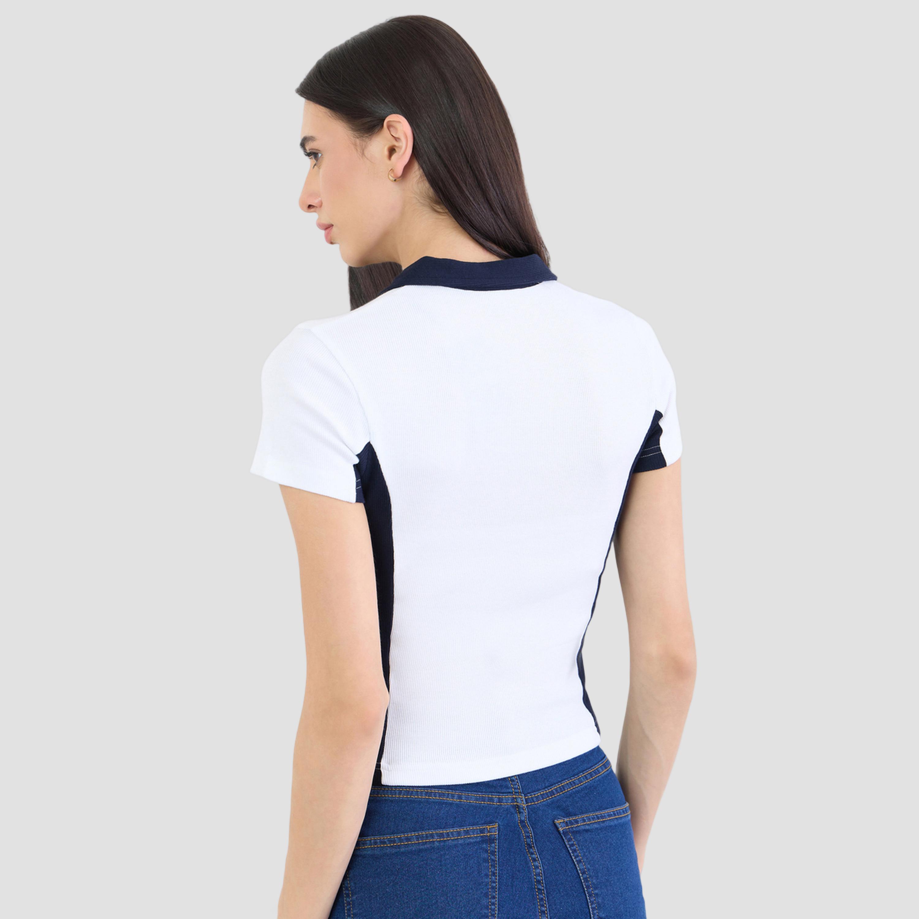 Styli White Color Block Ribbed Fitted Polo T-Shirt-women-clothing-tshirts-image-6
