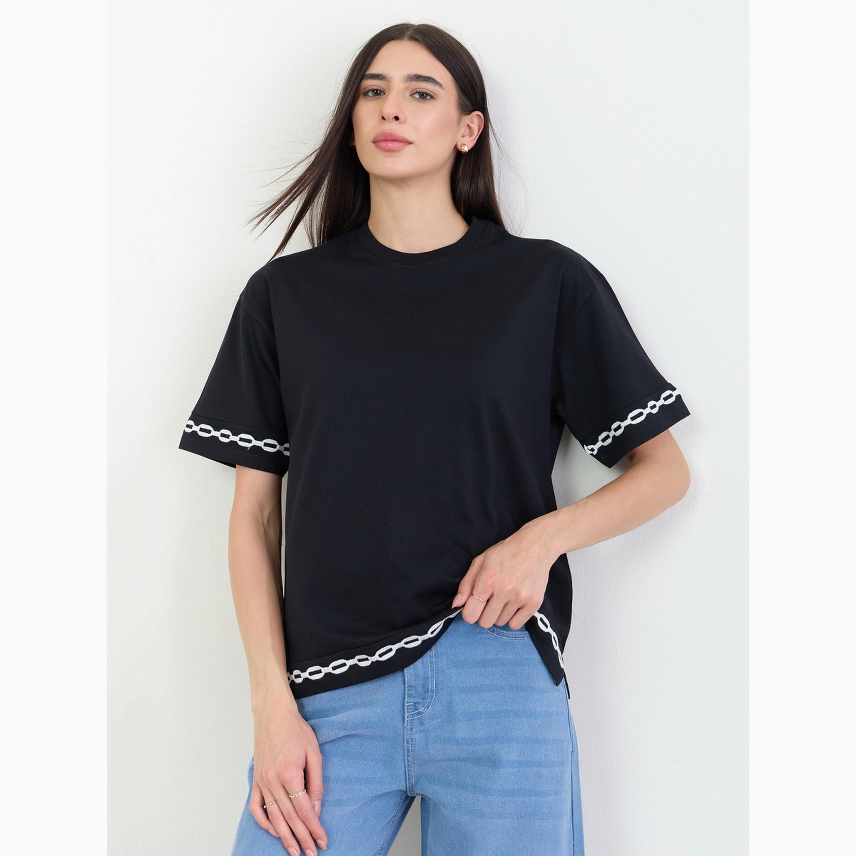 Styli Black Contrast Embroidered Trim Short Sleeves T-Shirt-women-clothing-tshirts-image-1
