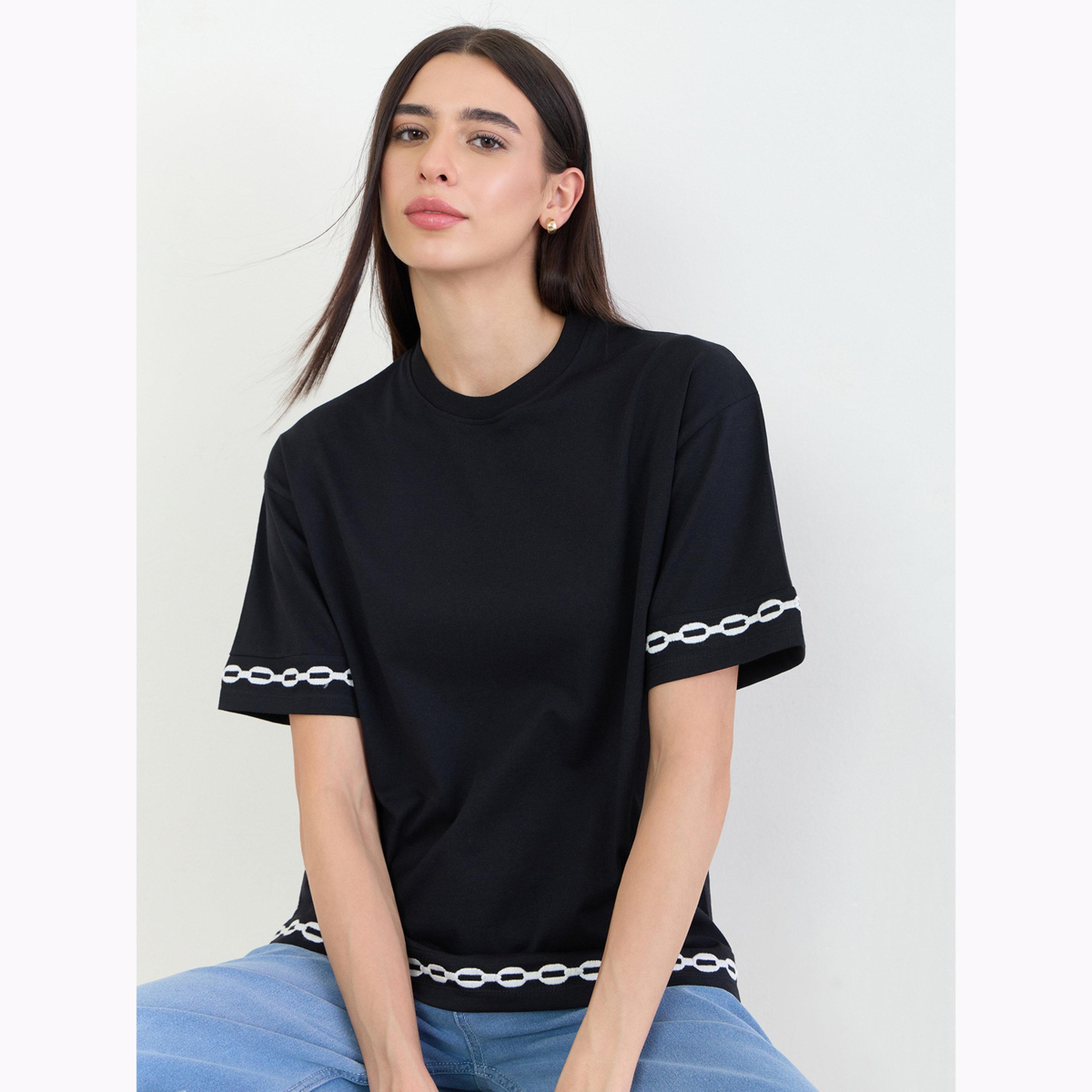 Styli Black Contrast Embroidered Trim Short Sleeves T-Shirt-women-clothing-tshirts-image-3