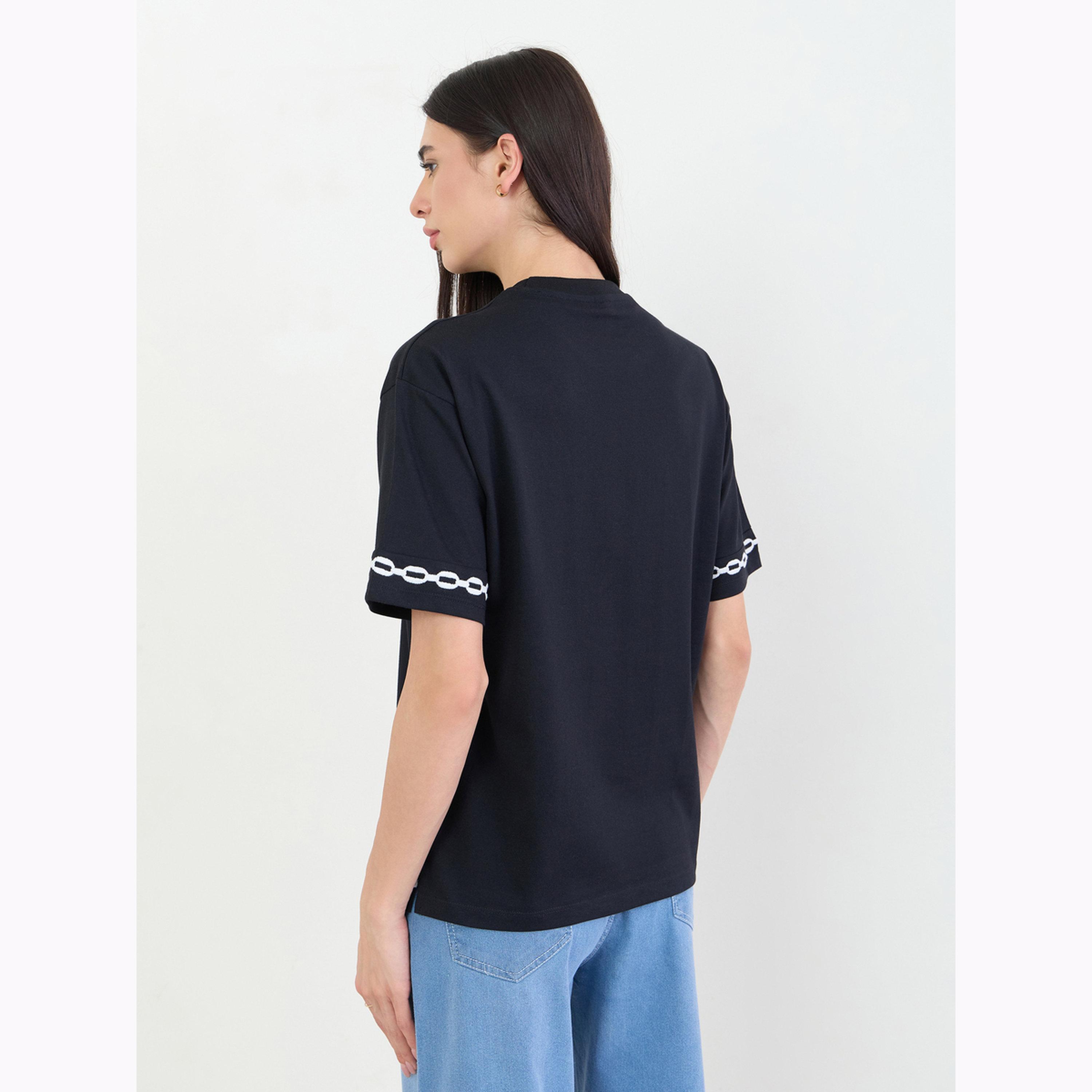 Styli Black Contrast Embroidered Trim Short Sleeves T-Shirt-women-clothing-tshirts-image-4
