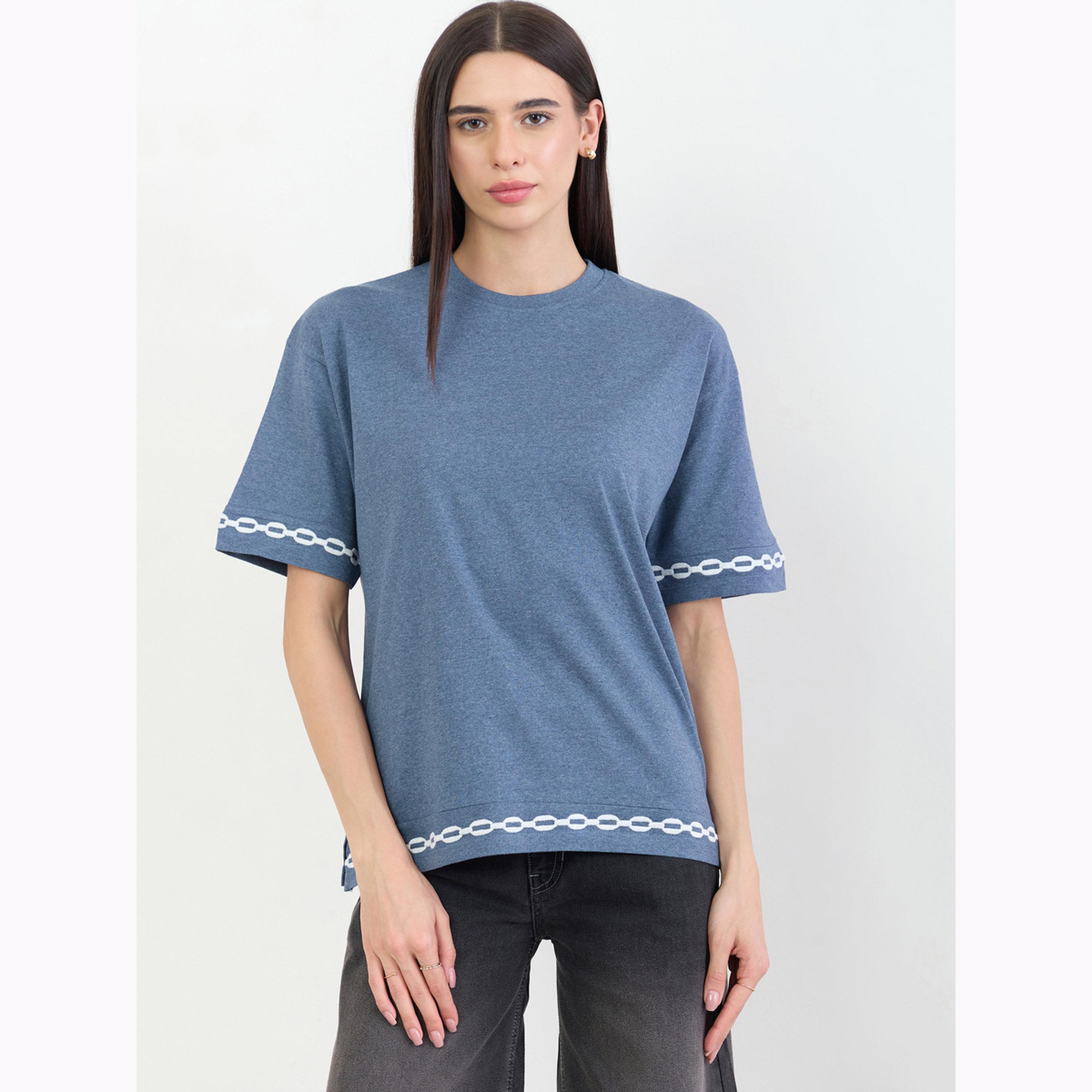 Styli Blue Contrast Emroidery Trim Short Sleeves T-Shirt-women-clothing-tshirts-image-1