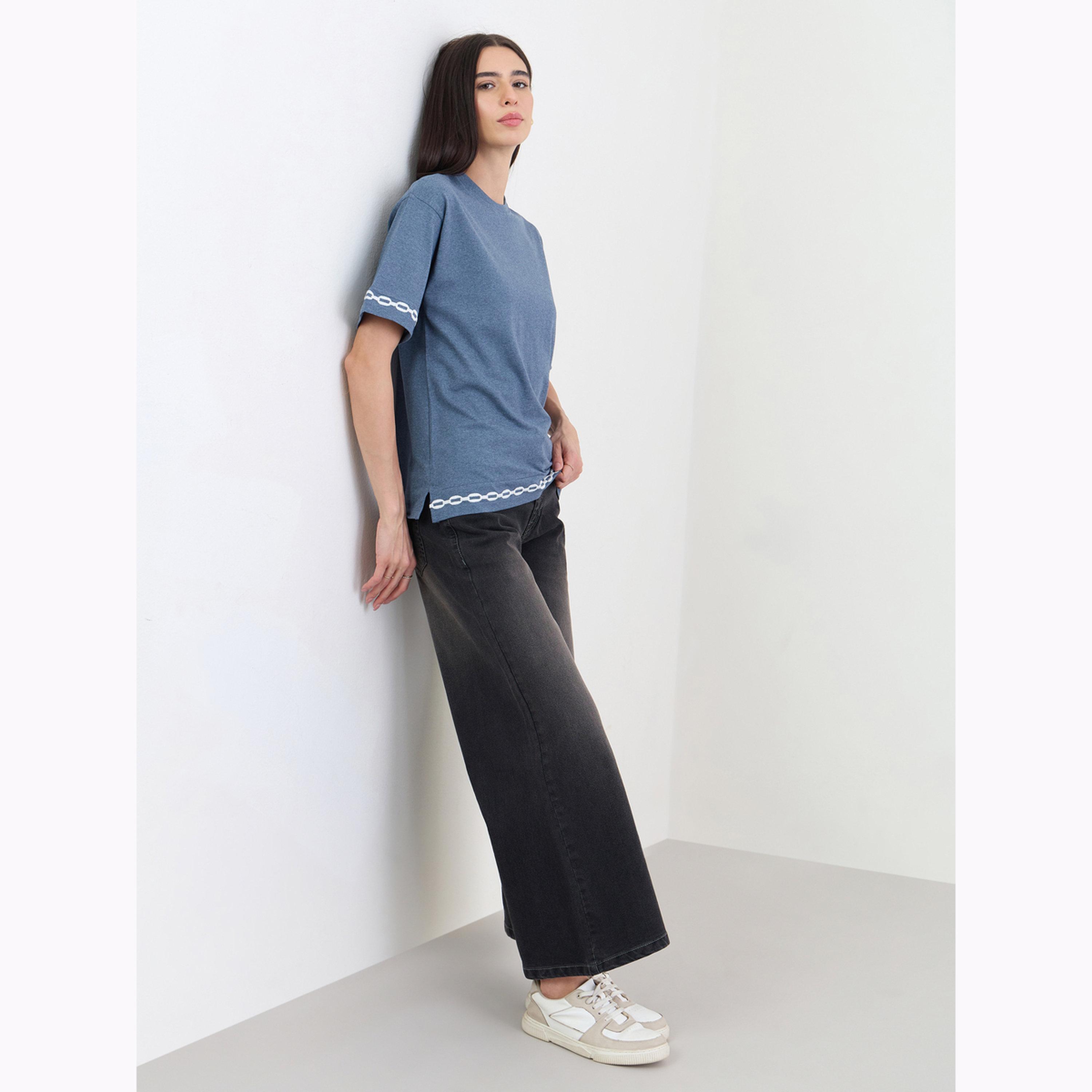 Styli Blue Contrast Emroidery Trim Short Sleeves T-Shirt-women-clothing-tshirts-image-2