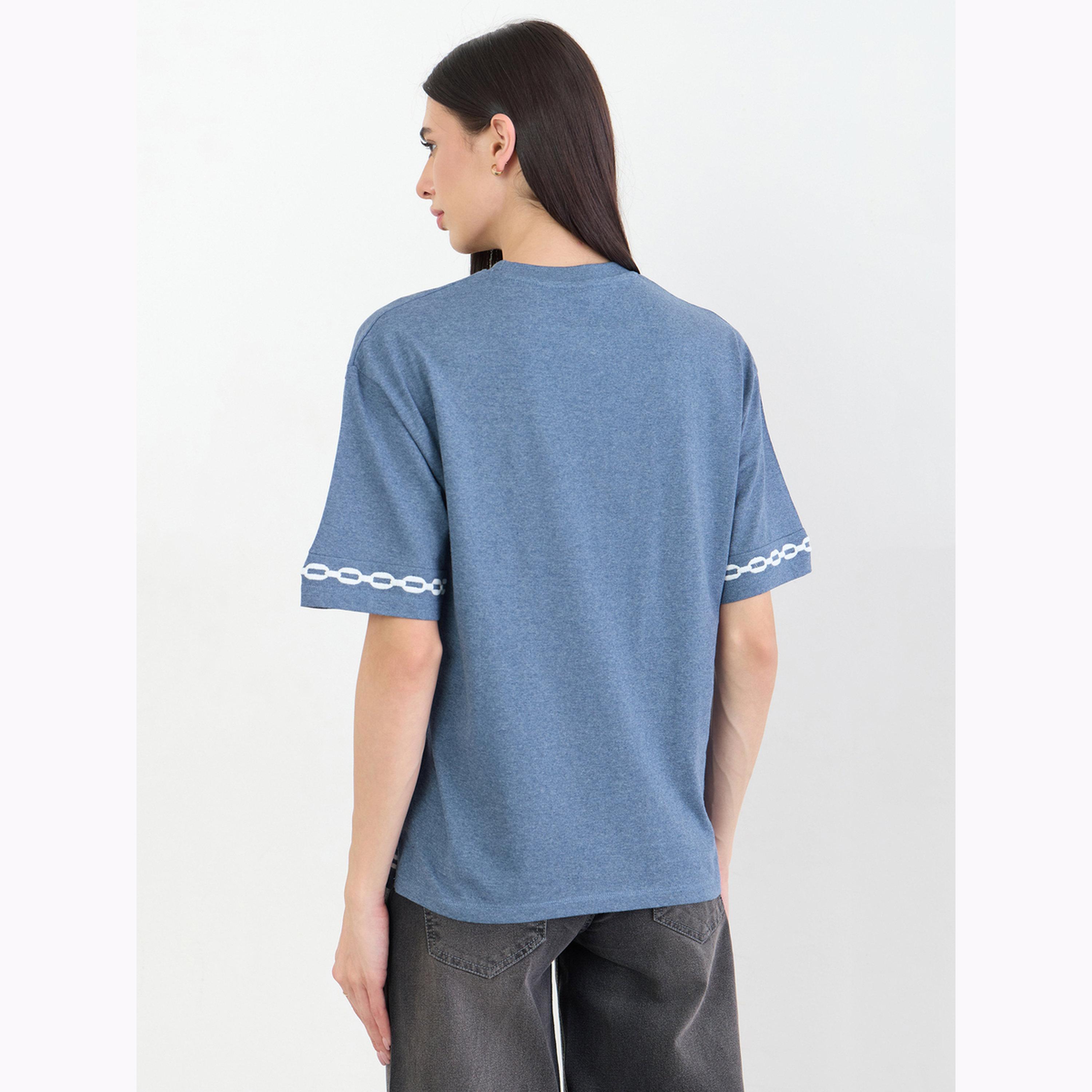 Styli Blue Contrast Emroidery Trim Short Sleeves T-Shirt-women-clothing-tshirts-image-4