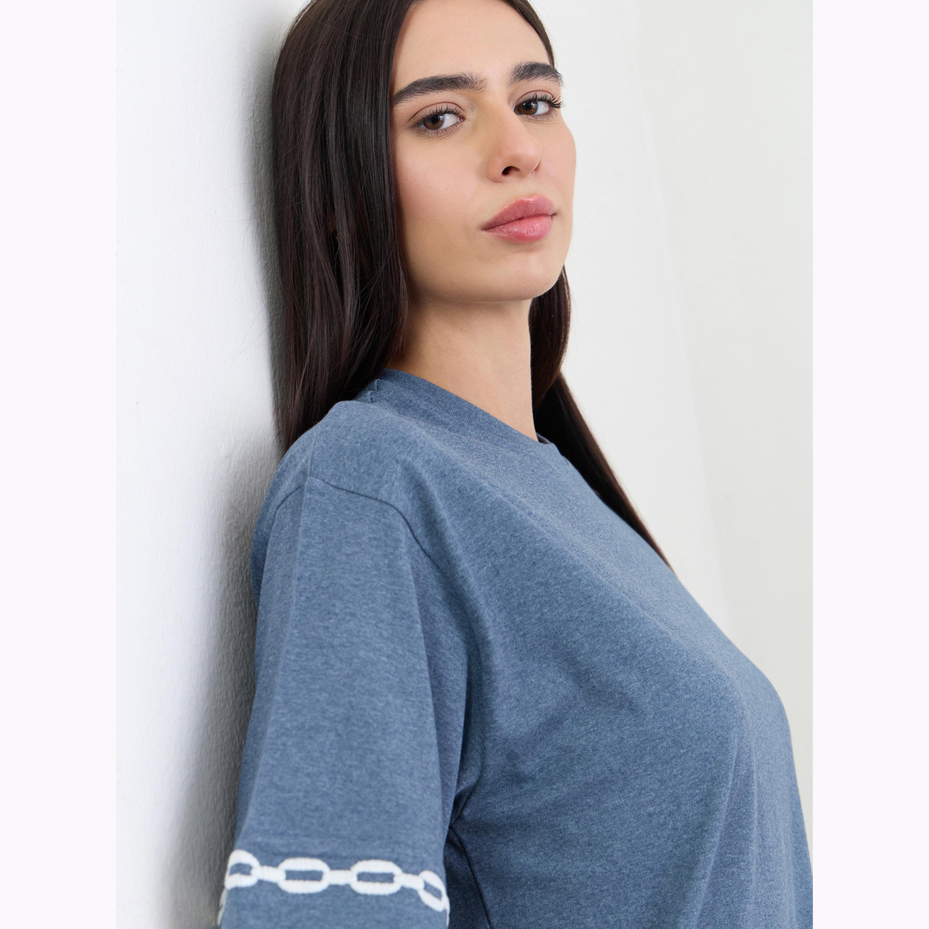 Styli Blue Contrast Emroidery Trim Short Sleeves T-Shirt-women-clothing-tshirts-image-5