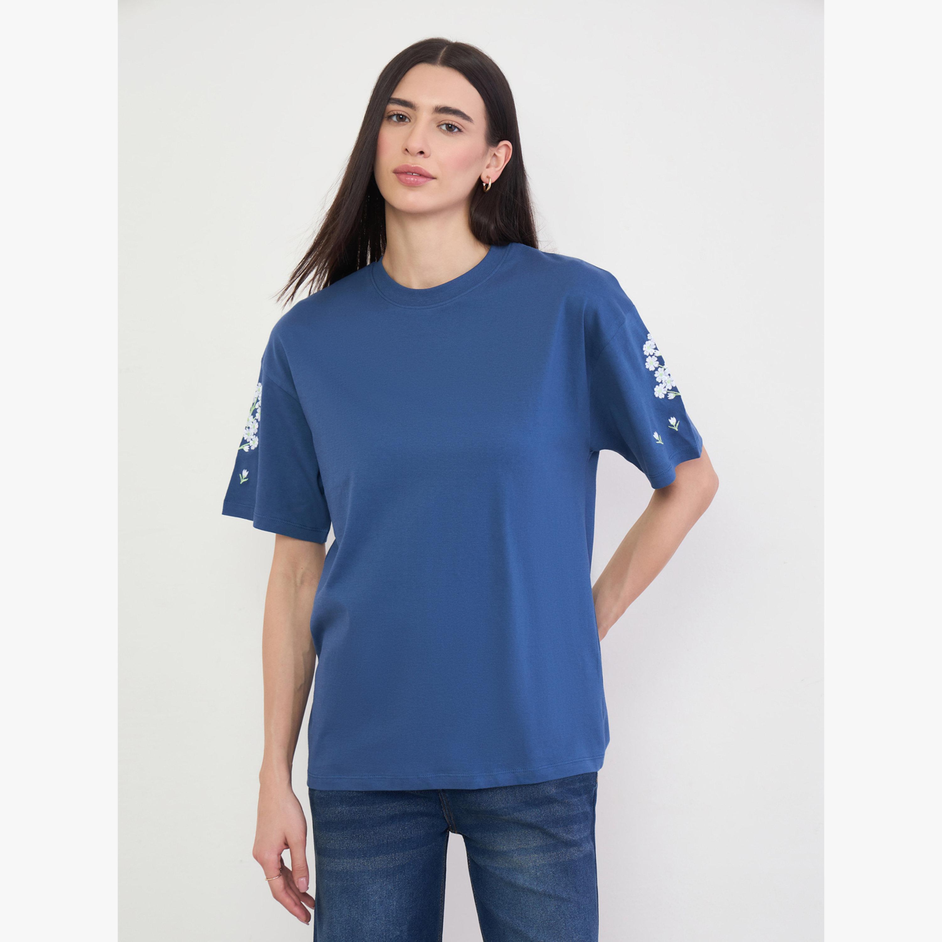 Styli Navy Blue Embroidered 100% Cotton Oversized T-Shirt-women-clothing-tshirts-image-1