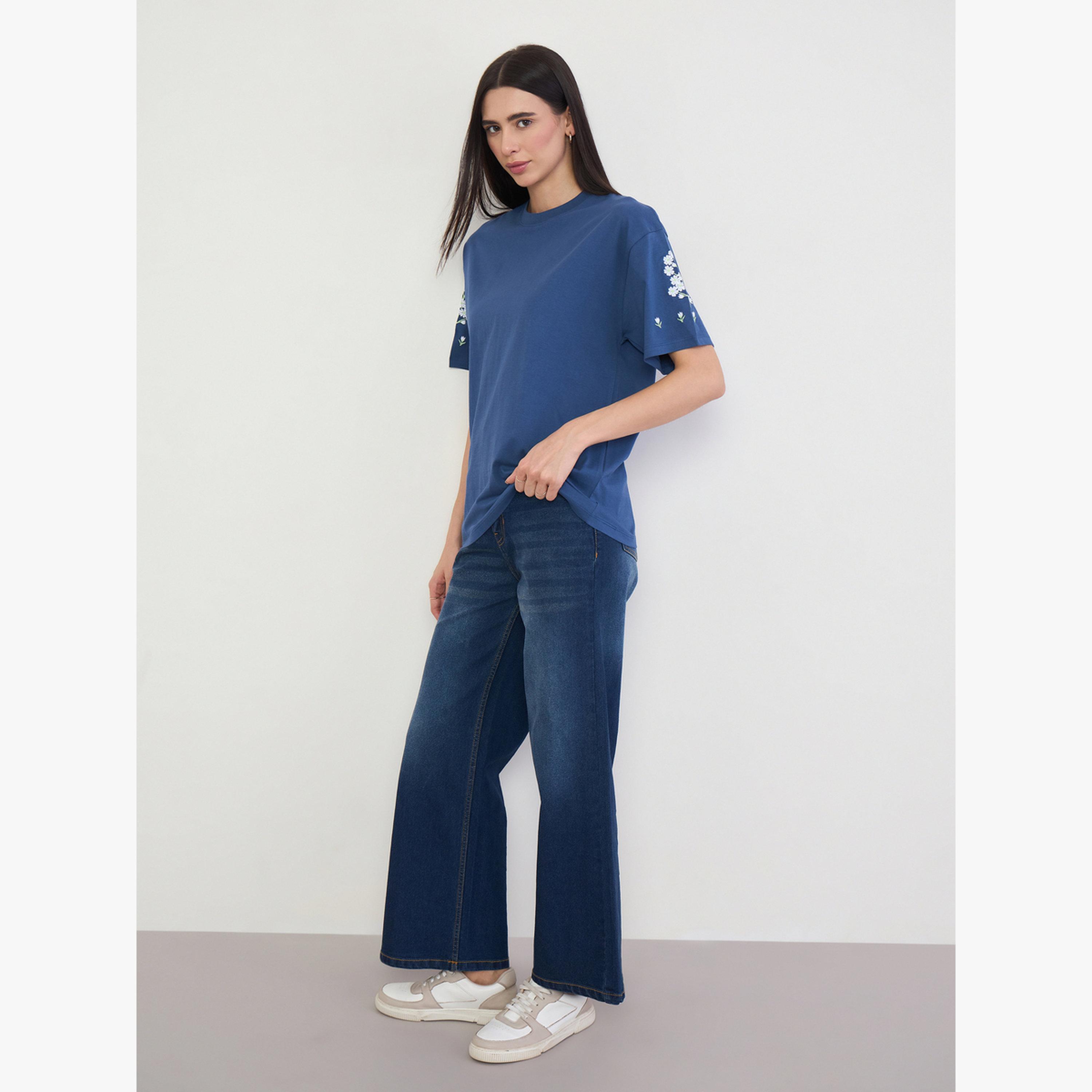 Styli Navy Blue Embroidered 100% Cotton Oversized T-Shirt-women-clothing-tshirts-image-2