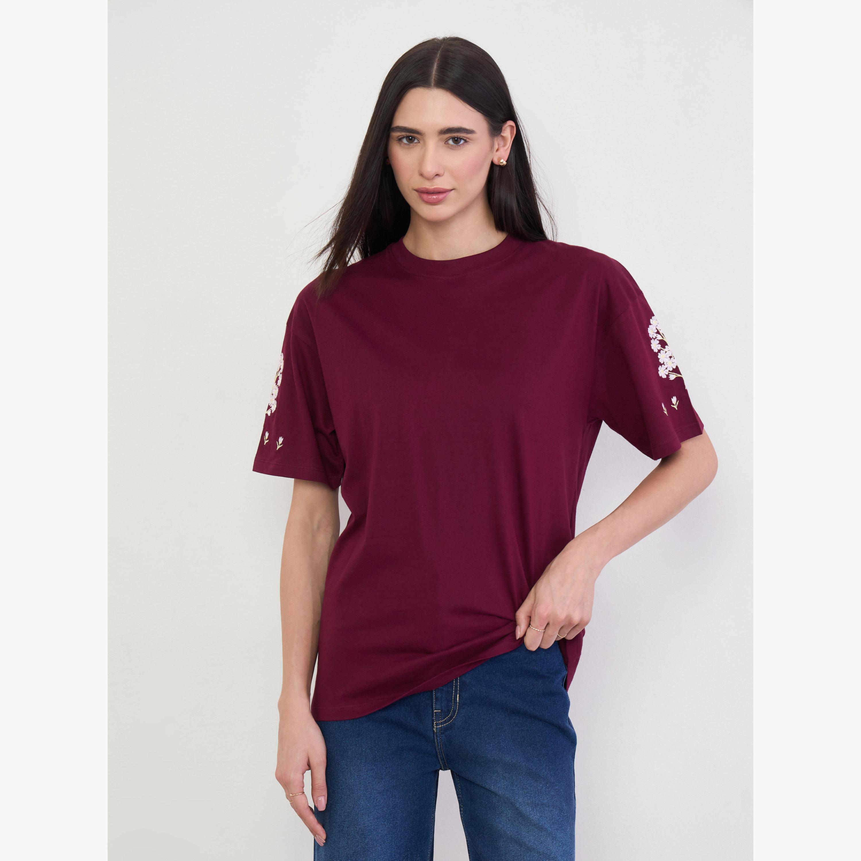 Styli Burgundy Embroidered 100% Cotton Oversized T-Shirt-women-clothing-tshirts-image-1