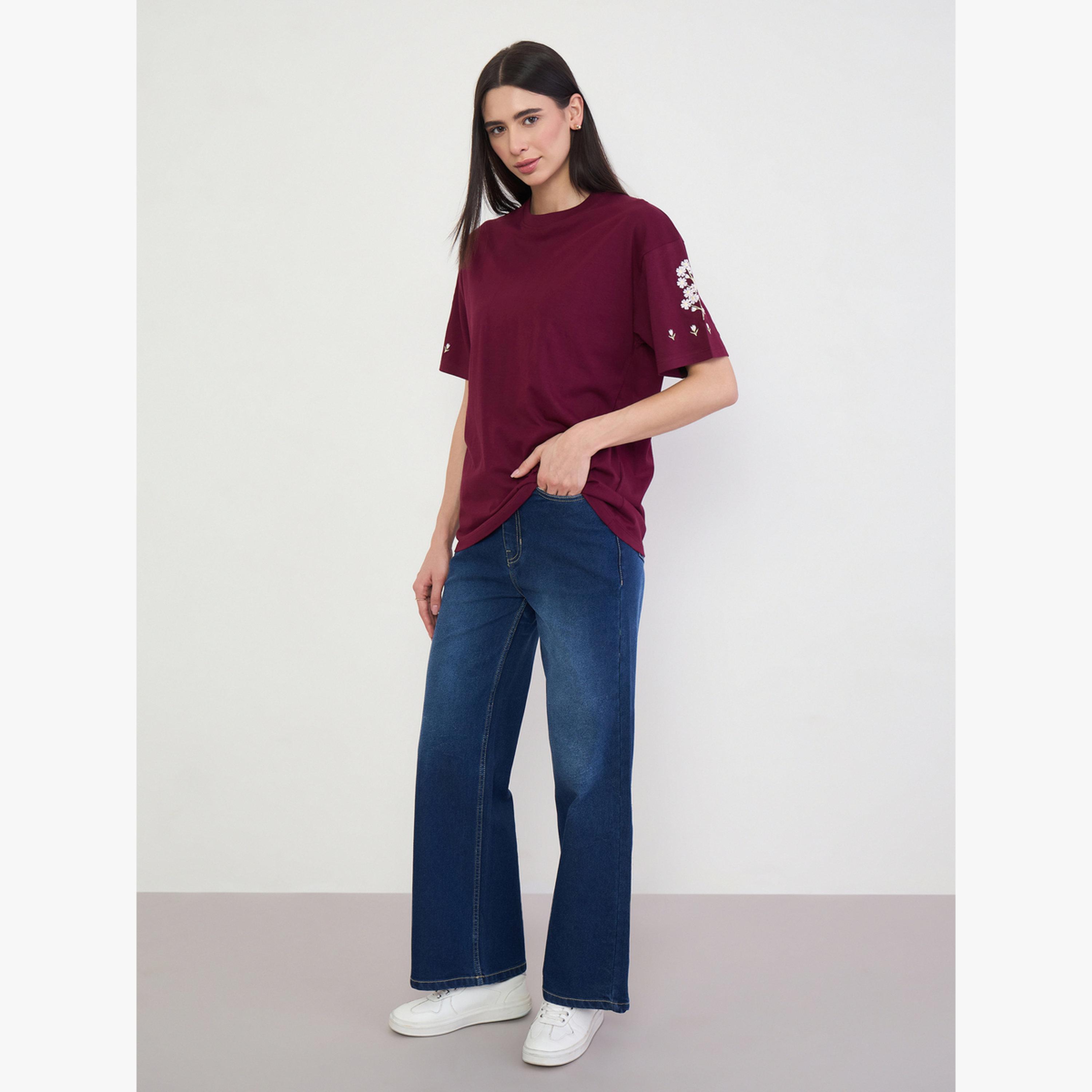 Styli Burgundy Embroidered 100% Cotton Oversized T-Shirt-women-clothing-tshirts-image-2