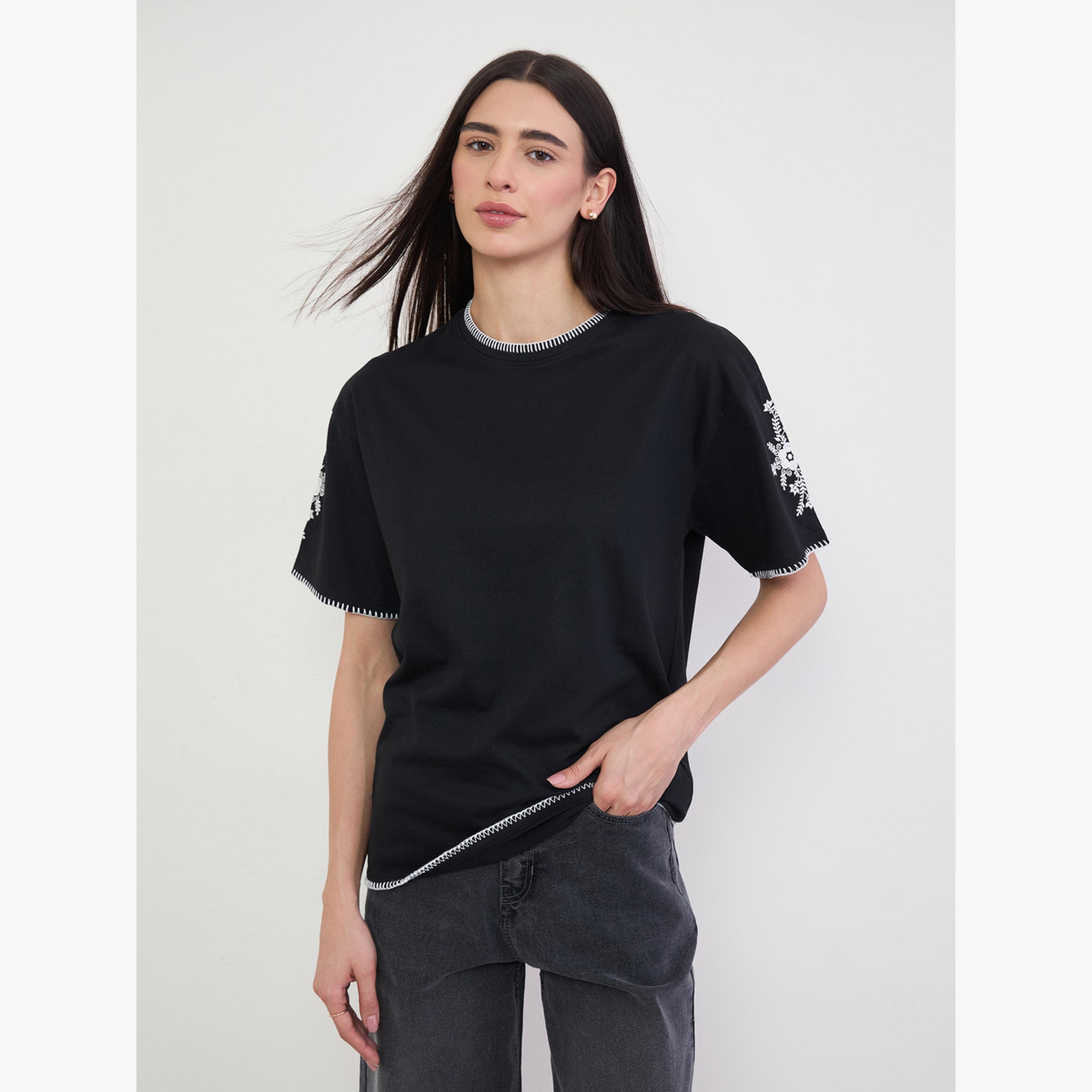 Styli Black Cotton Contrast Thread Embroidered Oversized T-Shirt-women-clothing-tshirts-image-1