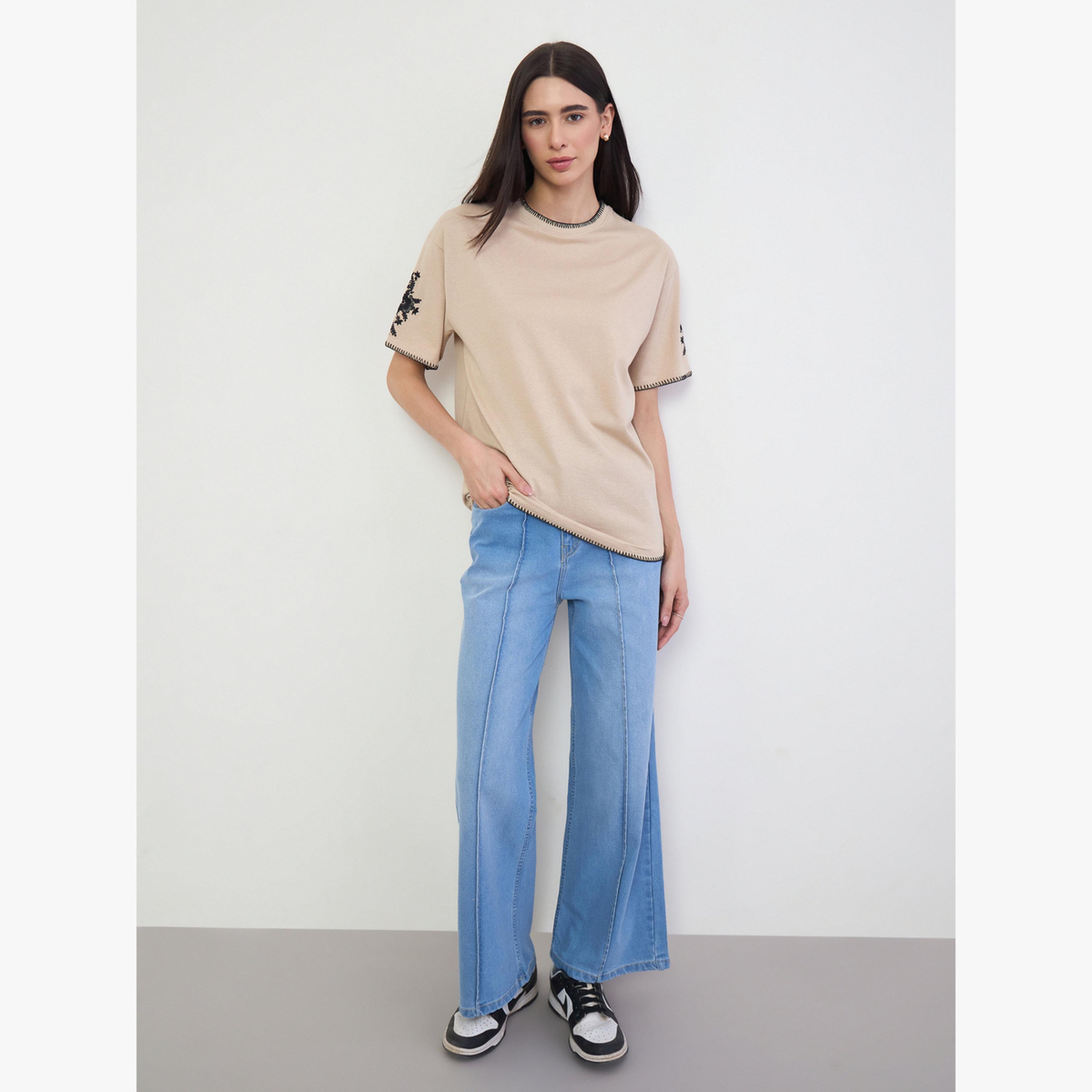 Styli Beige Cotton Contrast Thread Embroidered Oversized T-Shirt-women-clothing-tshirts-image-2