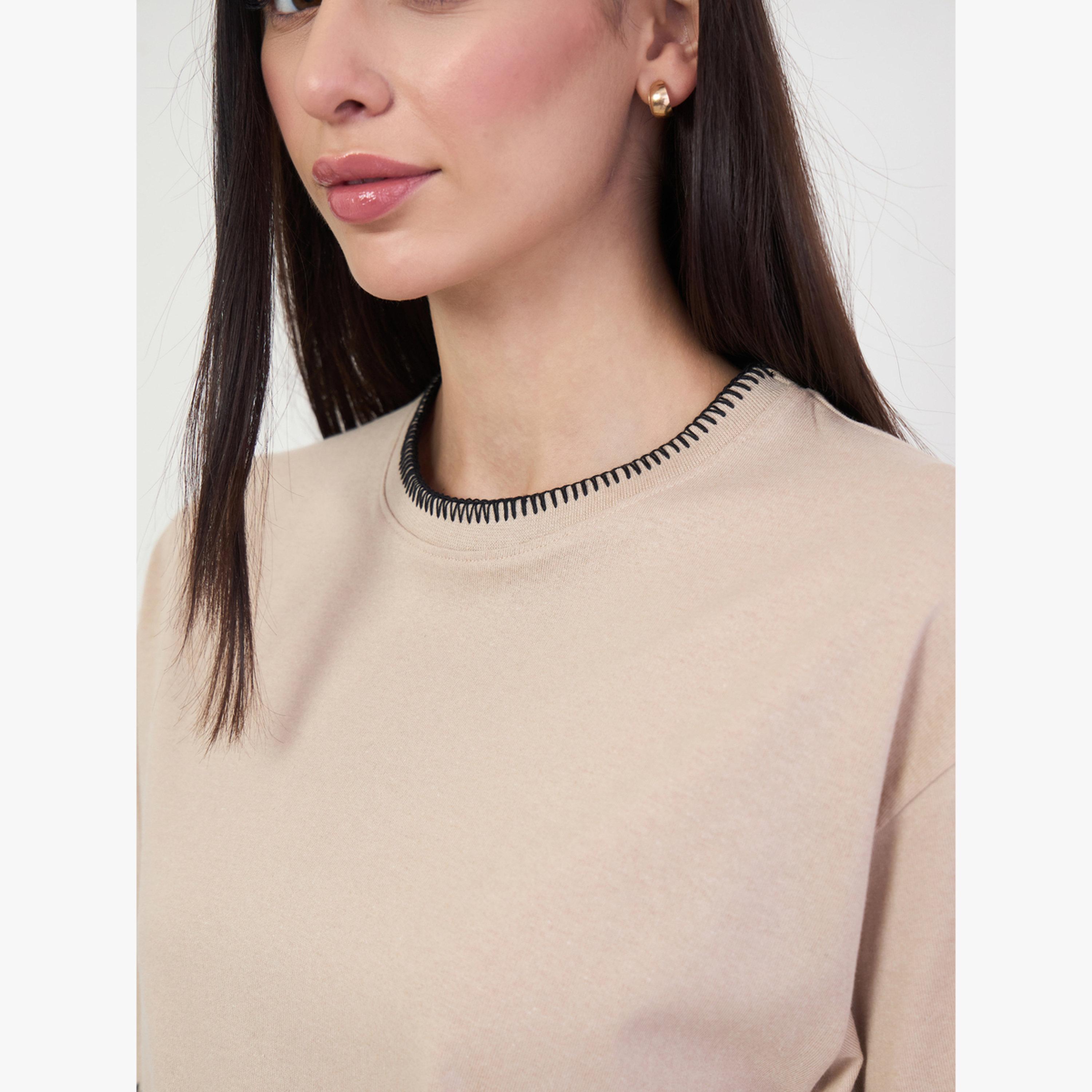 Styli Beige Cotton Contrast Thread Embroidered Oversized T-Shirt-women-clothing-tshirts-image-5