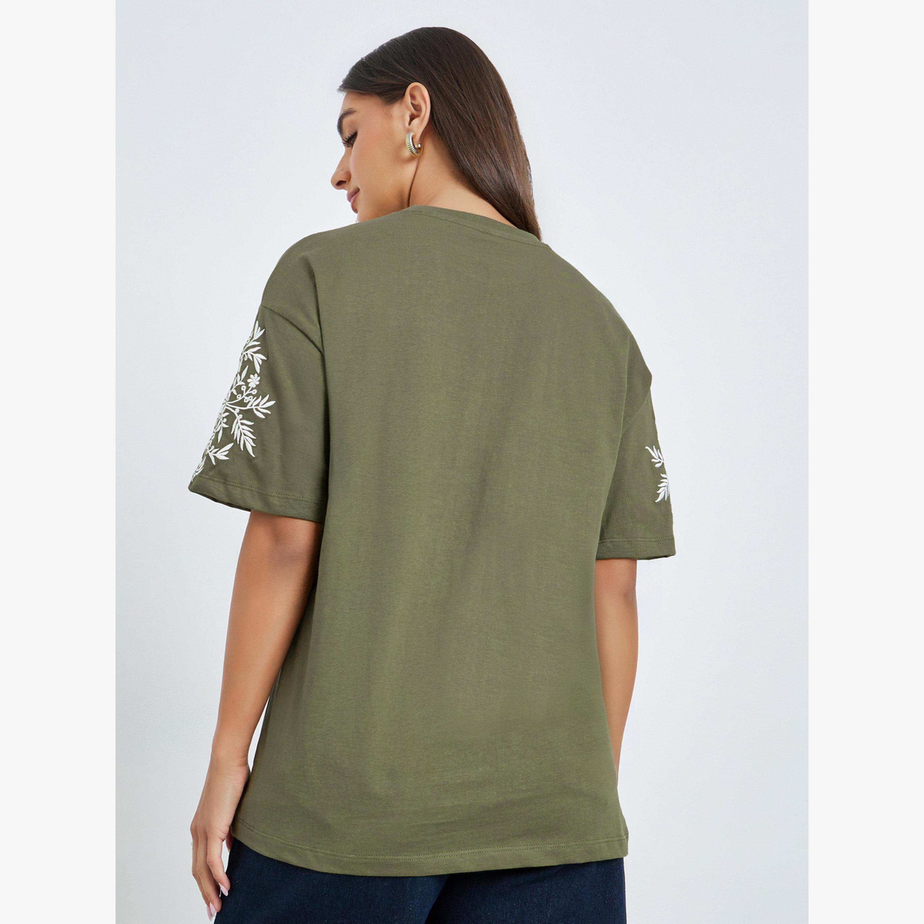 Styli Green Embroidered Sleeve 100% Cotton Oversized T-Shirt-women-clothing-tshirts-image-4
