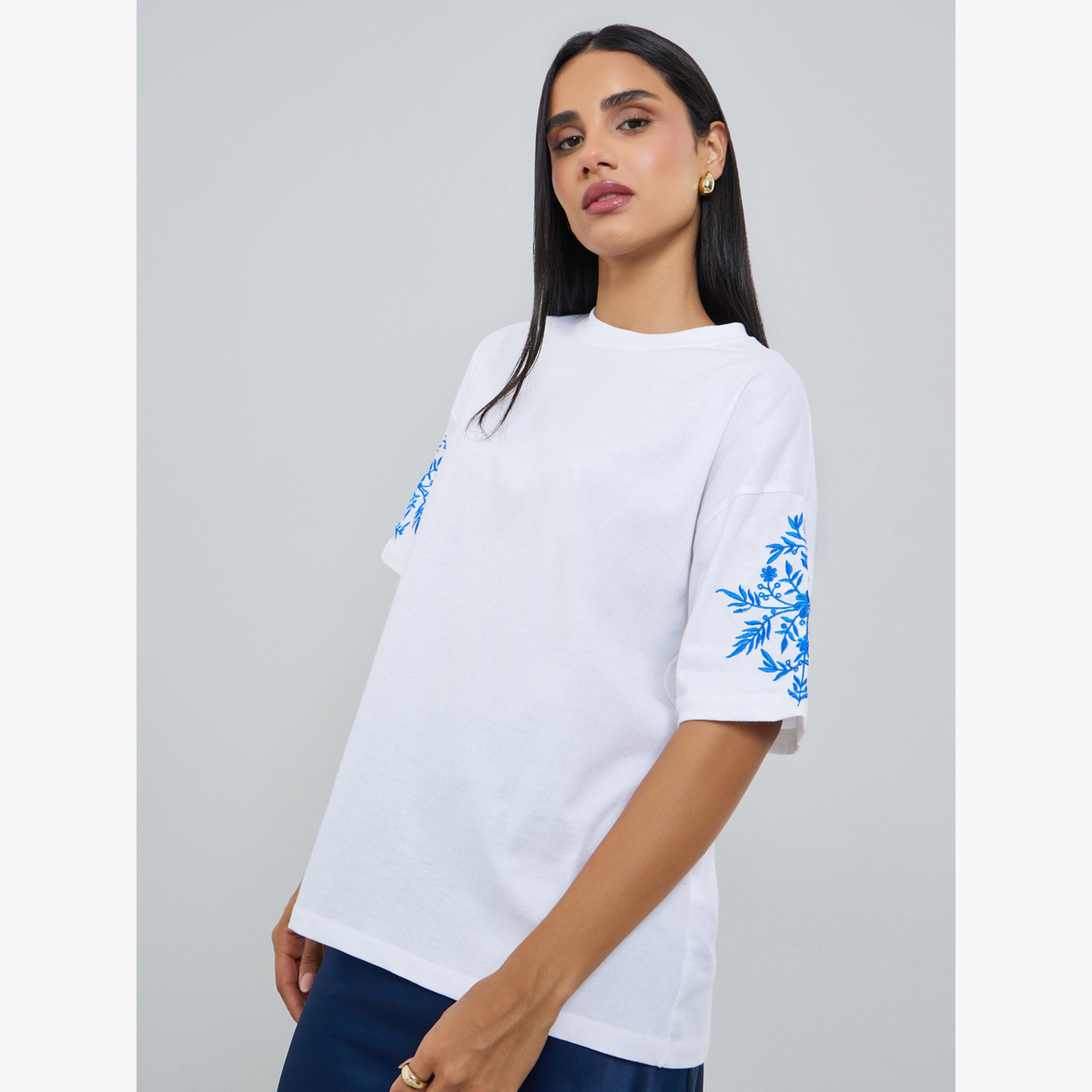 Styli White Embroidered Sleeve 100% Cotton Oversized T-Shirt-women-clothing-tshirts-image-1