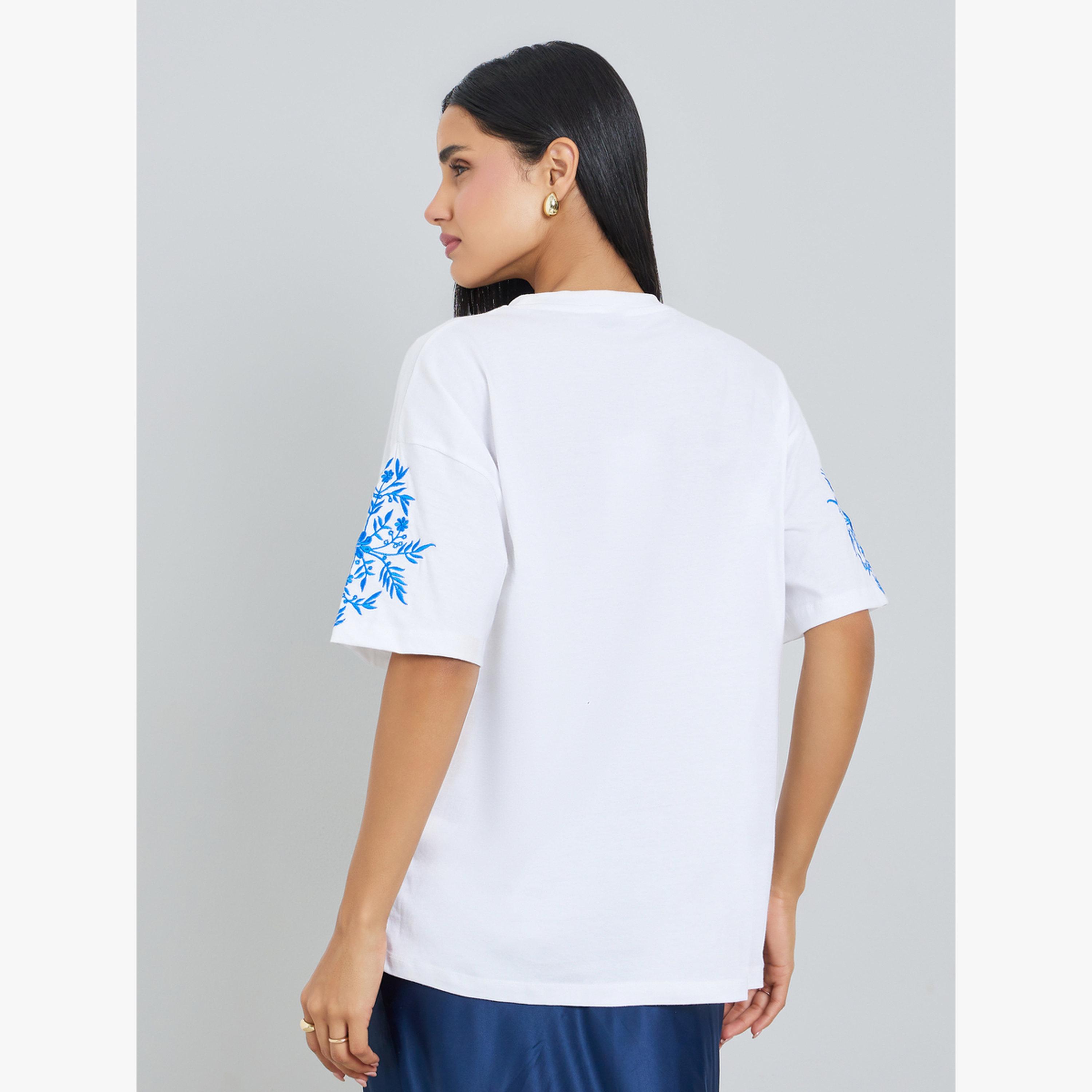 Styli White Embroidered Sleeve 100% Cotton Oversized T-Shirt-women-clothing-tshirts-image-4