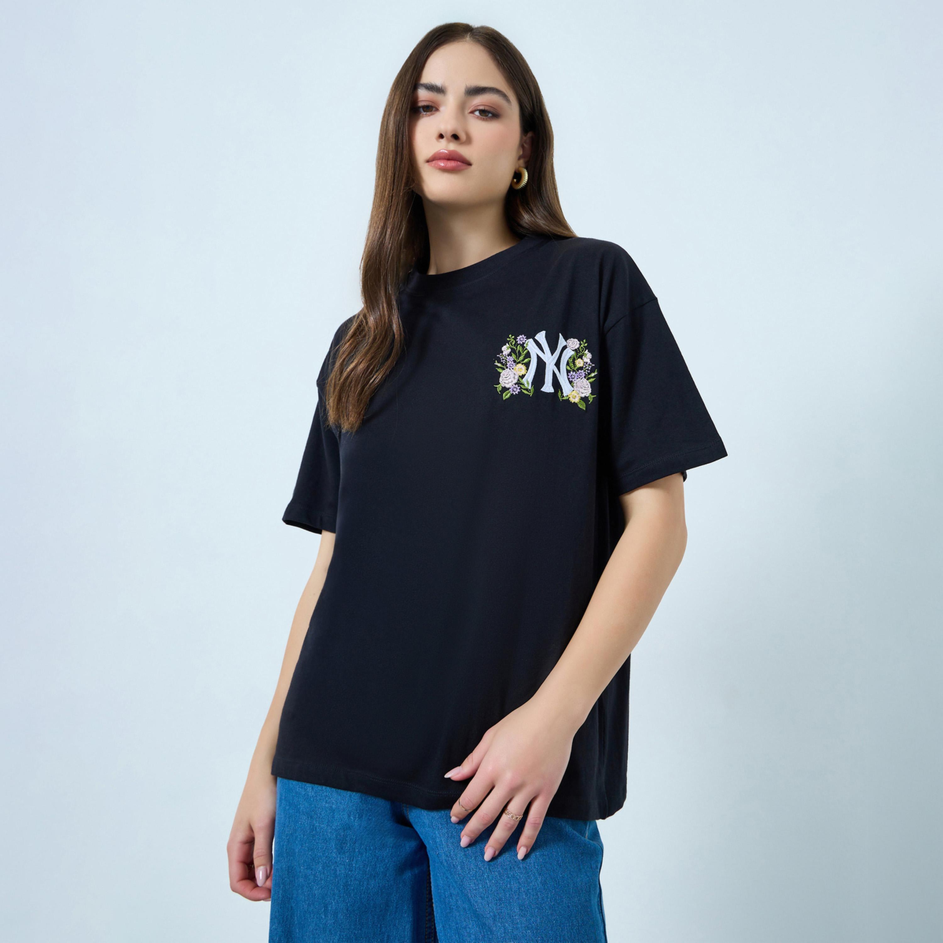 Styli Black Embroidered Cotton Oversized T-Shirt-women-clothing-tshirts-image-1