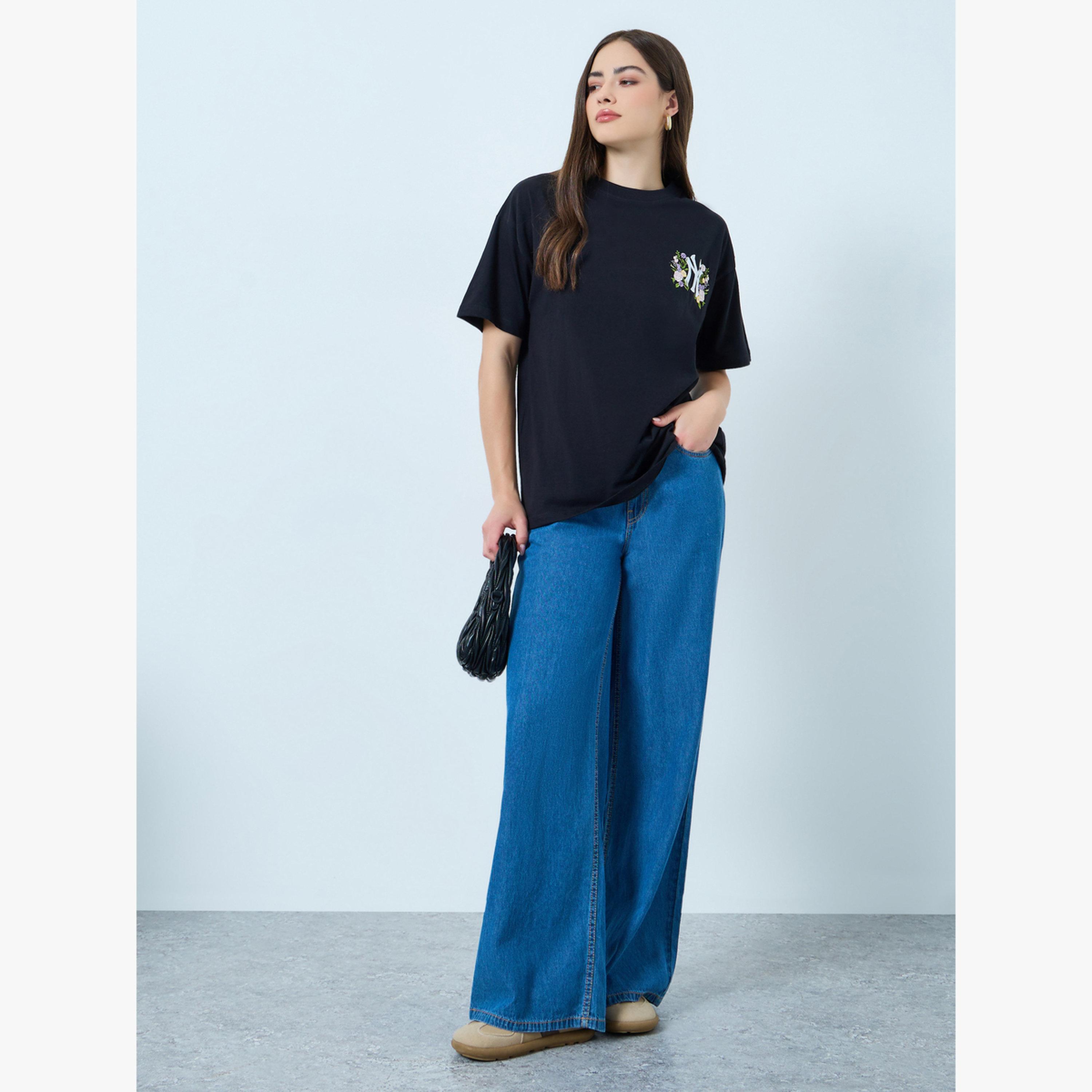 Styli Black Embroidered Cotton Oversized T-Shirt-women-clothing-tshirts-image-2