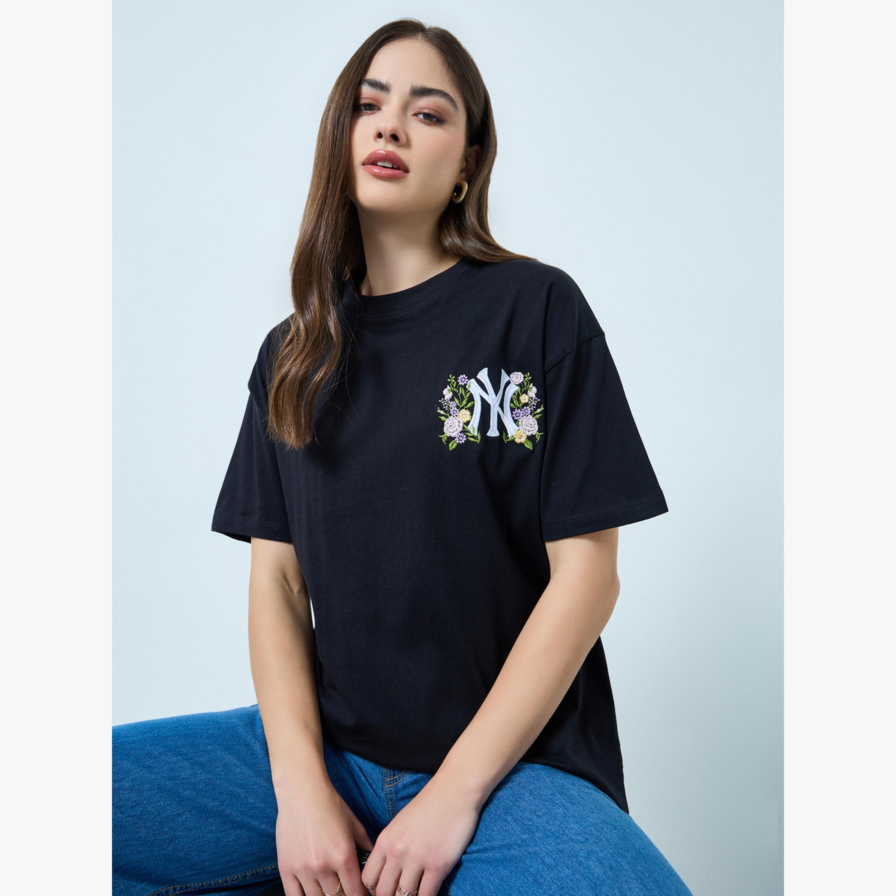 Styli Black Embroidered Cotton Oversized T-Shirt-women-clothing-tshirts-image-3