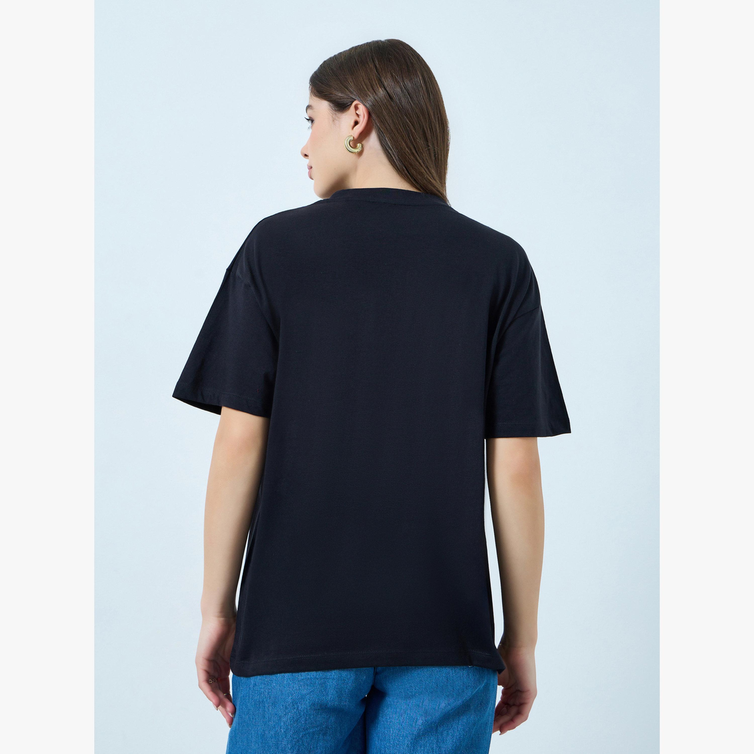 Styli Black Embroidered Cotton Oversized T-Shirt-women-clothing-tshirts-image-4