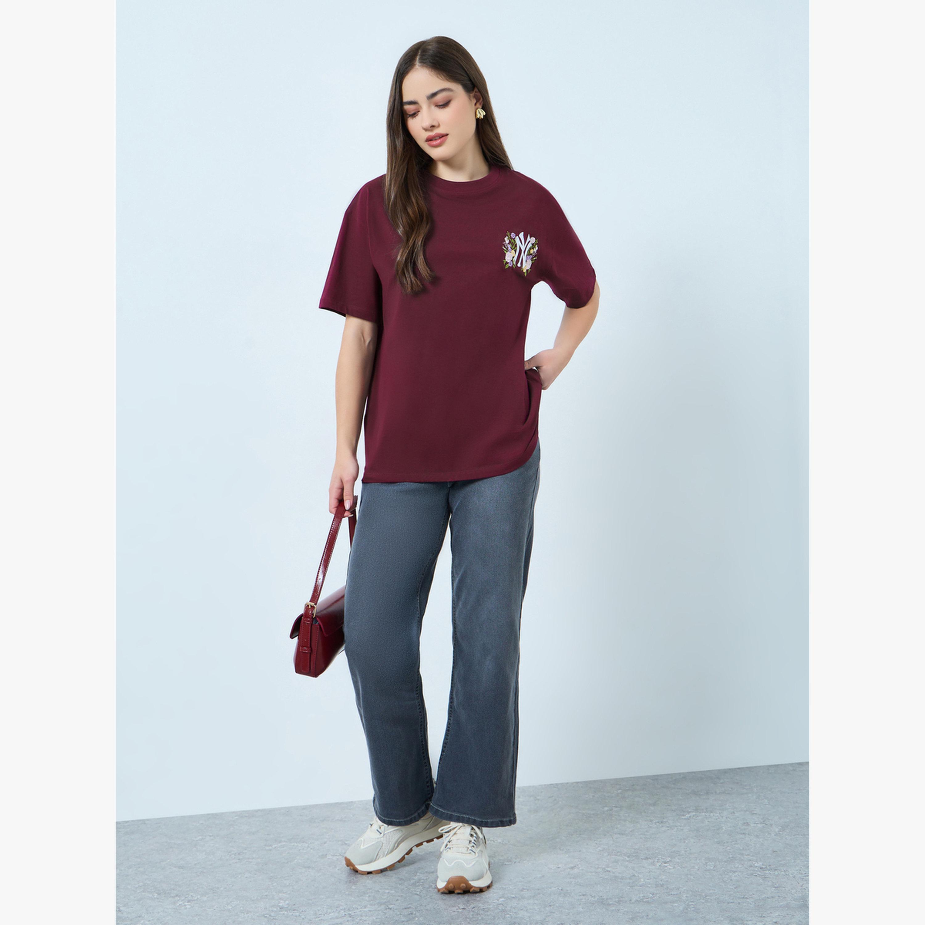 Styli Burgundy Embroidered Cotton Oversized T-Shirt-women-clothing-tshirts-image-2
