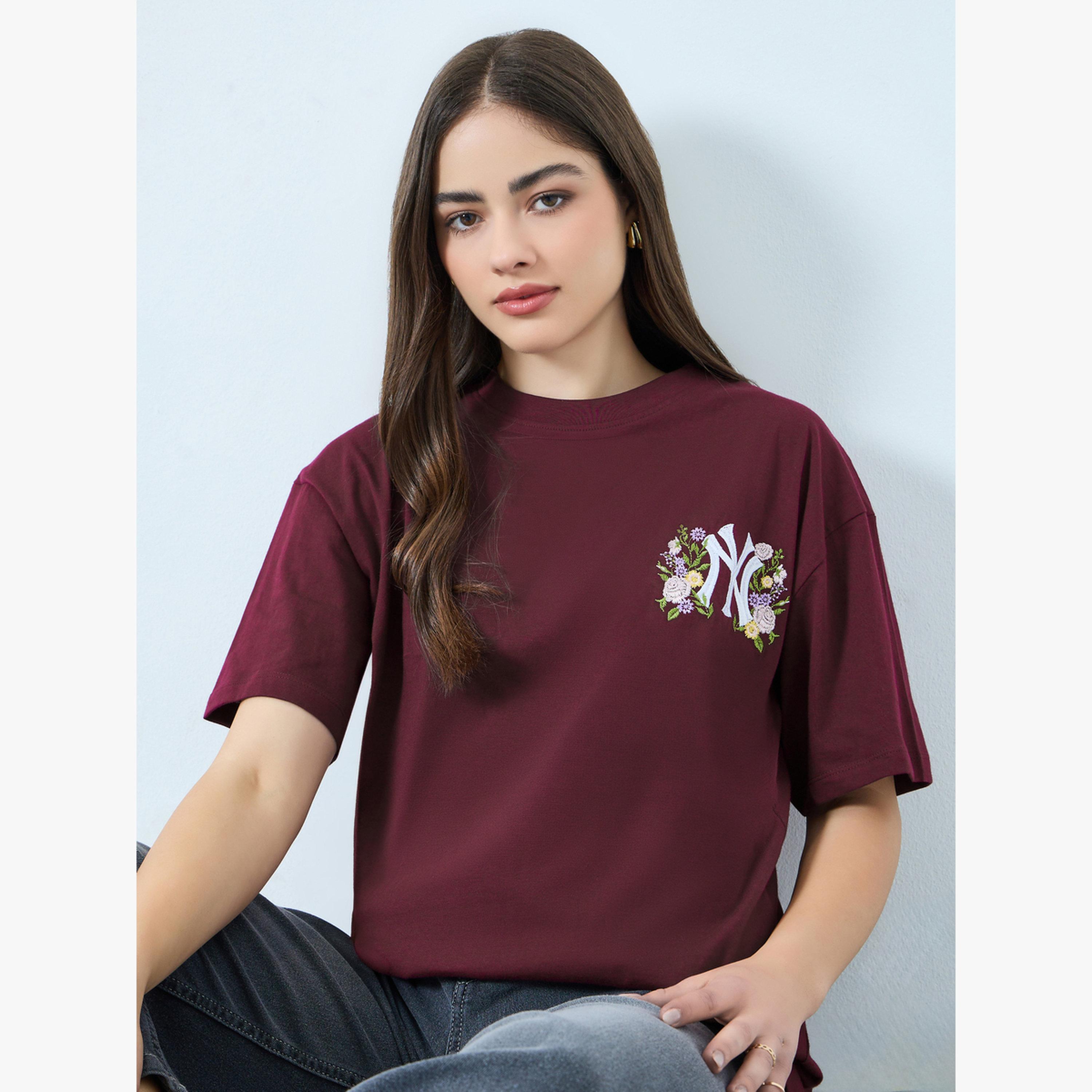 Styli Burgundy Embroidered Cotton Oversized T-Shirt-women-clothing-tshirts-image-3