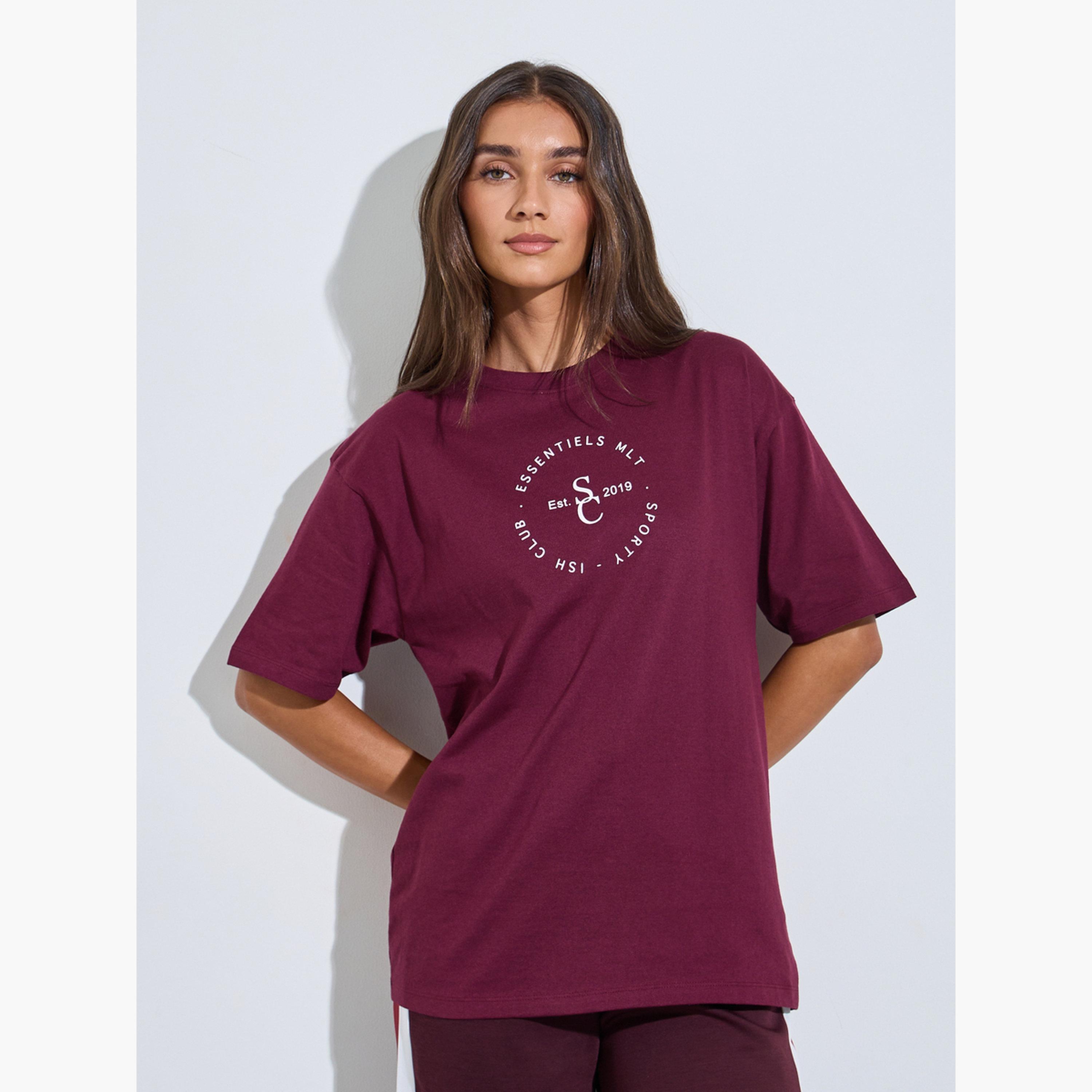 Styli Burgundy Slogan Print Cotton T-Shirt-women-clothing-tshirts-image-1