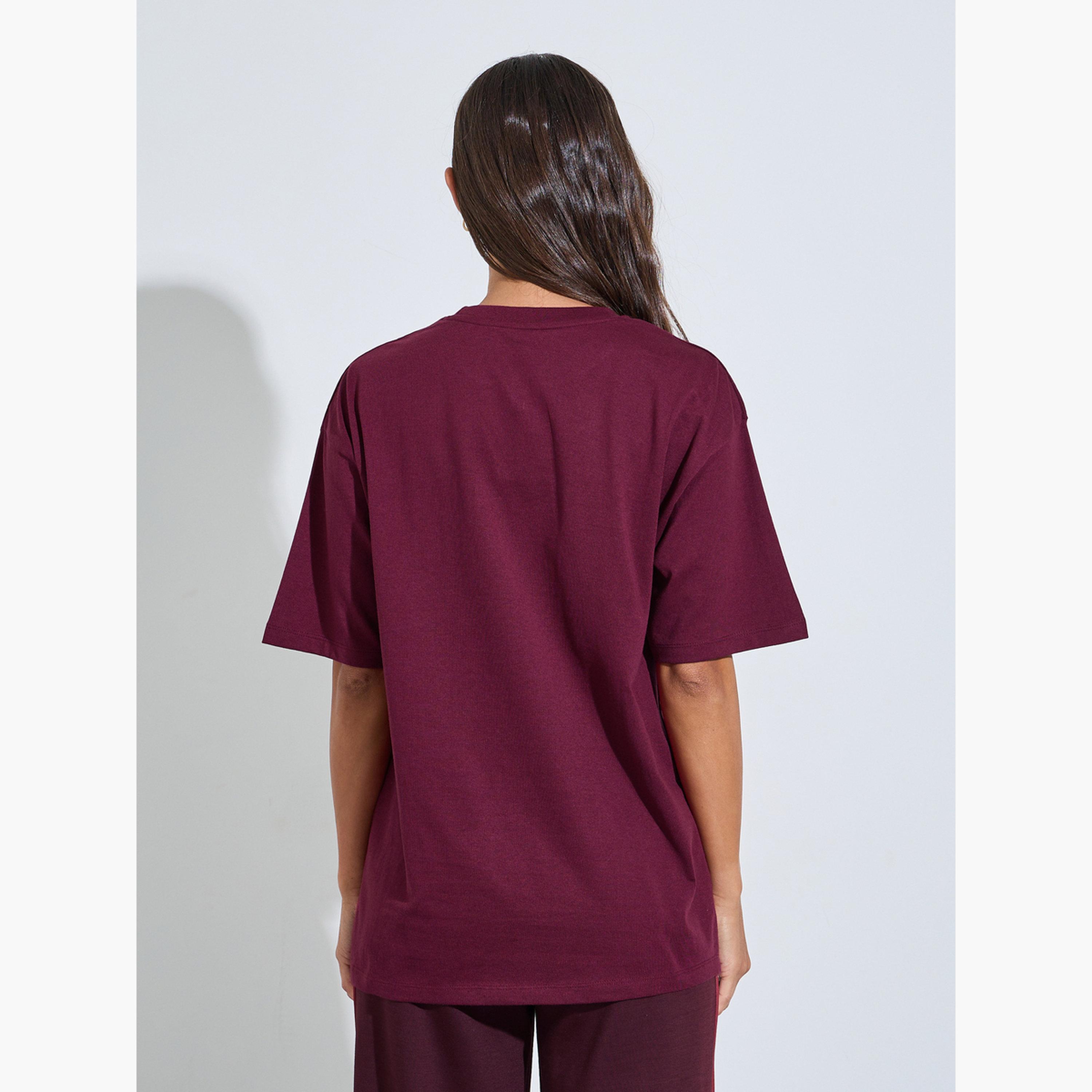 Styli Burgundy Slogan Print Cotton T-Shirt-women-clothing-tshirts-image-3