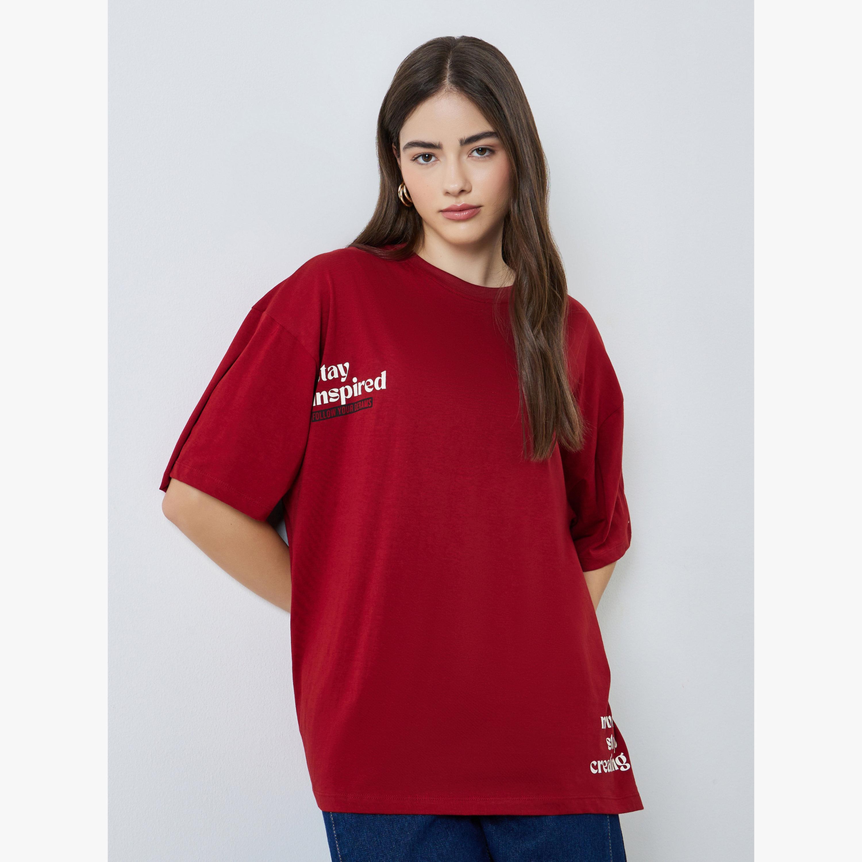 Styli Red Slogan Oversized Dropped Shoulder T-Shirt-women-clothing-tshirts-image-1