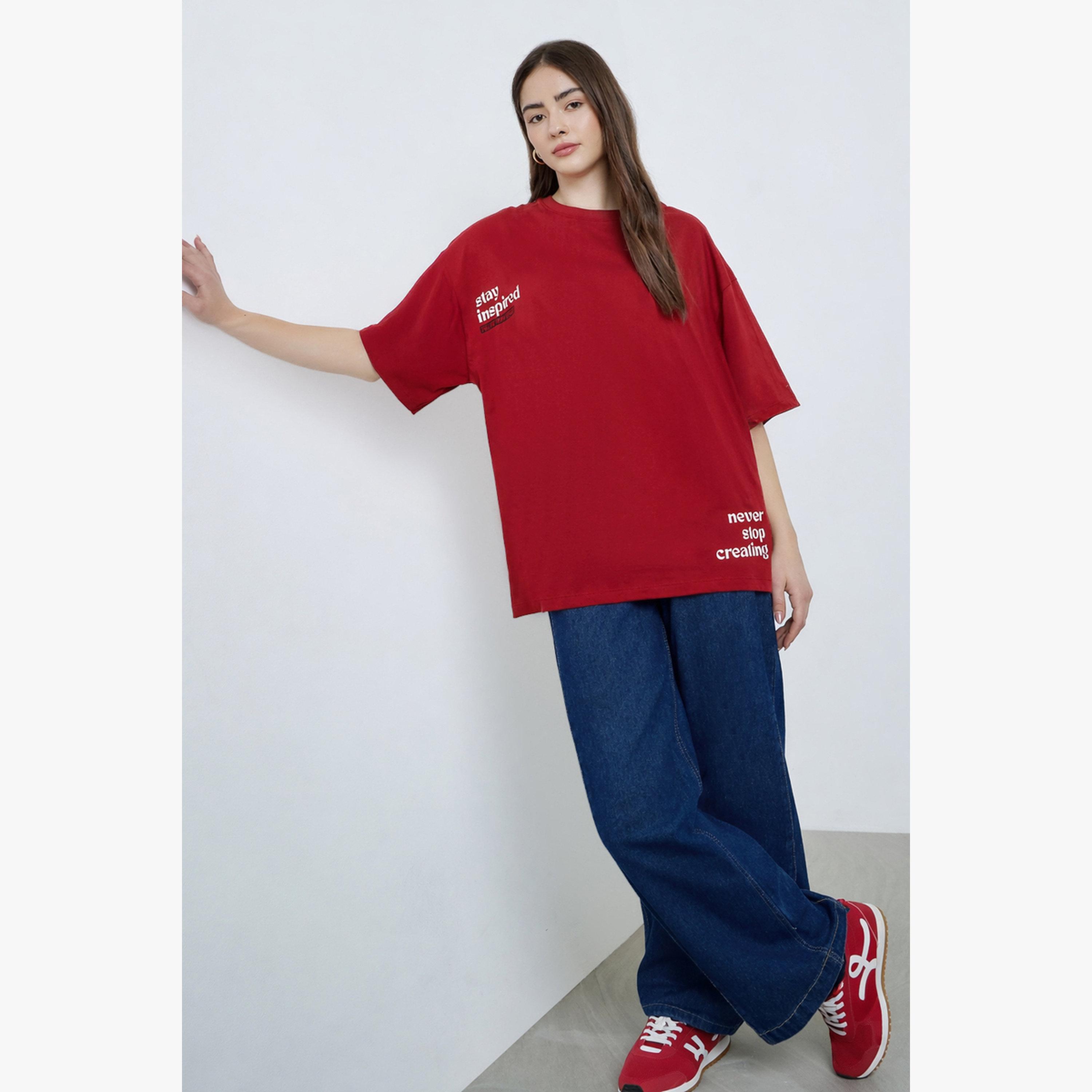 Styli Red Slogan Oversized Dropped Shoulder T-Shirt-women-clothing-tshirts-image-2