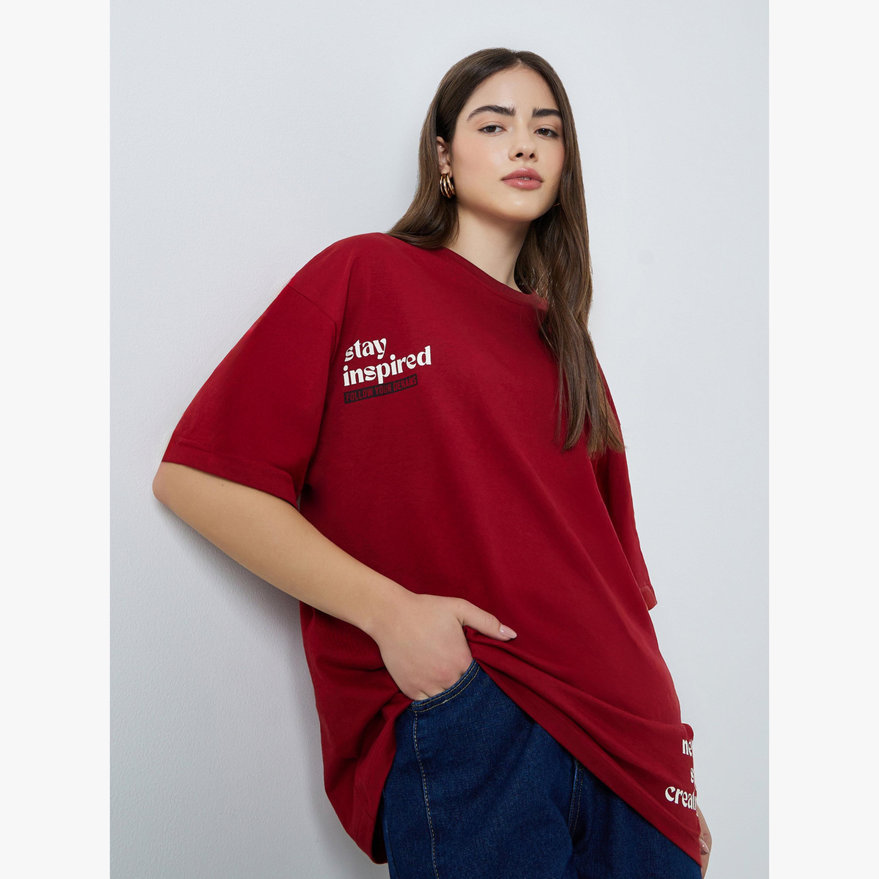 Styli Red Slogan Oversized Dropped Shoulder T-Shirt-women-clothing-tshirts-image-3