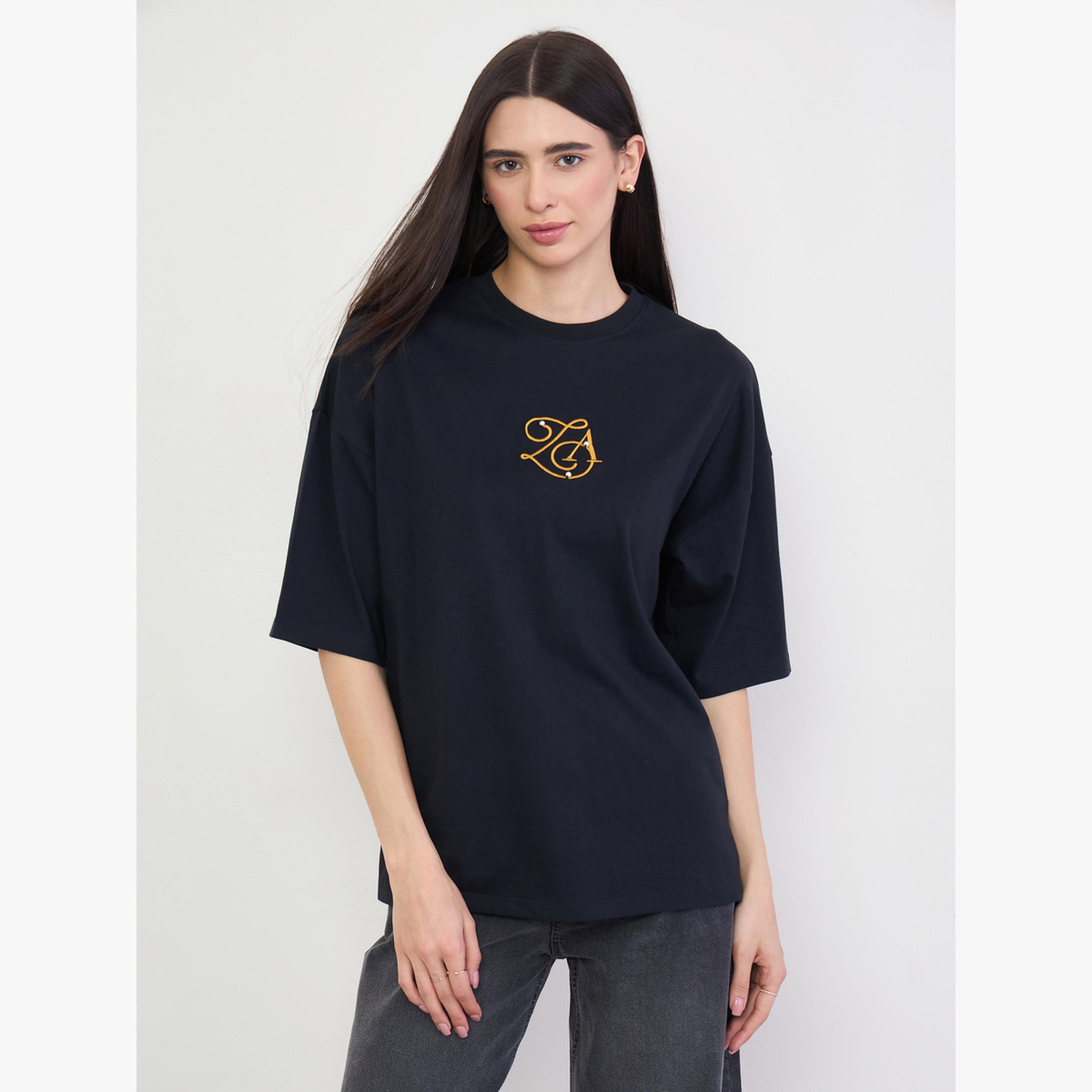 Styli Black Embroidered Cotton Oversized T-Shirt-women-clothing-tshirts-image-1