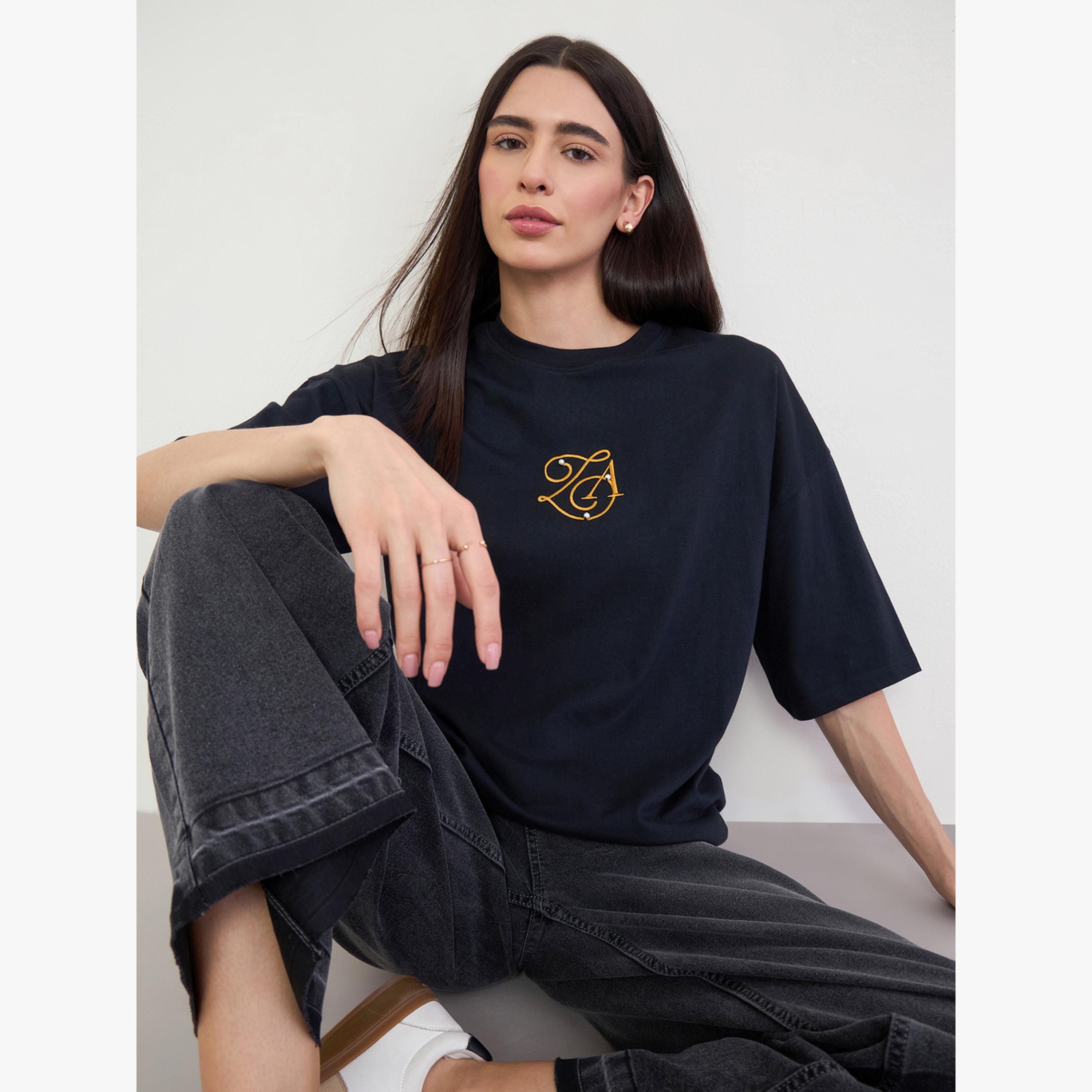 Styli Black Embroidered Cotton Oversized T-Shirt-women-clothing-tshirts-image-3