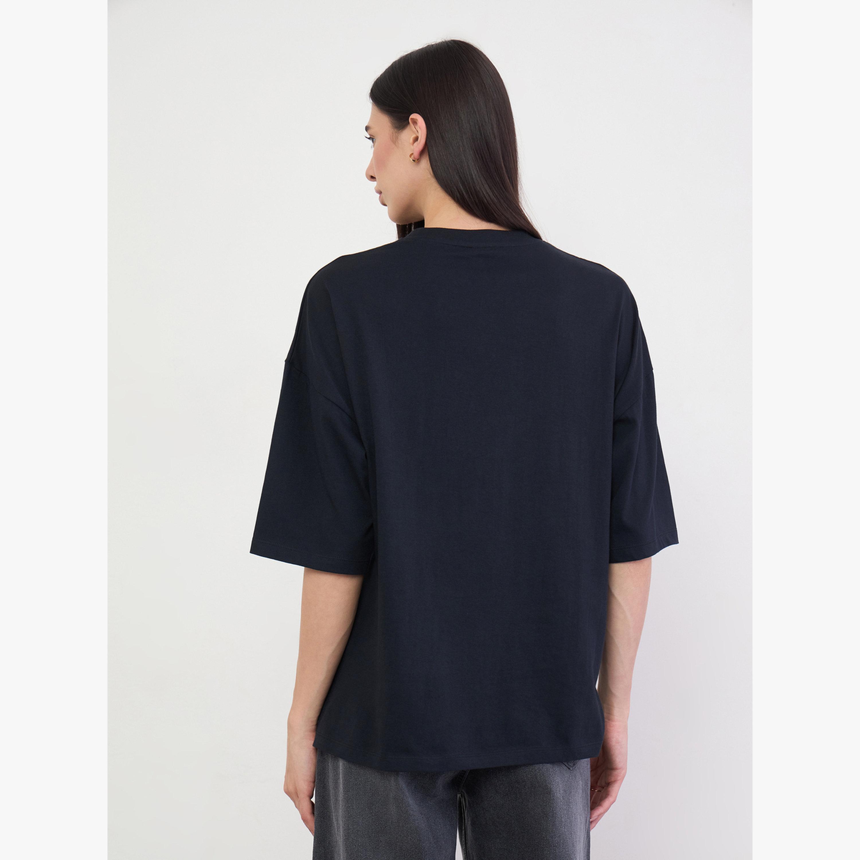 Styli Black Embroidered Cotton Oversized T-Shirt-women-clothing-tshirts-image-4