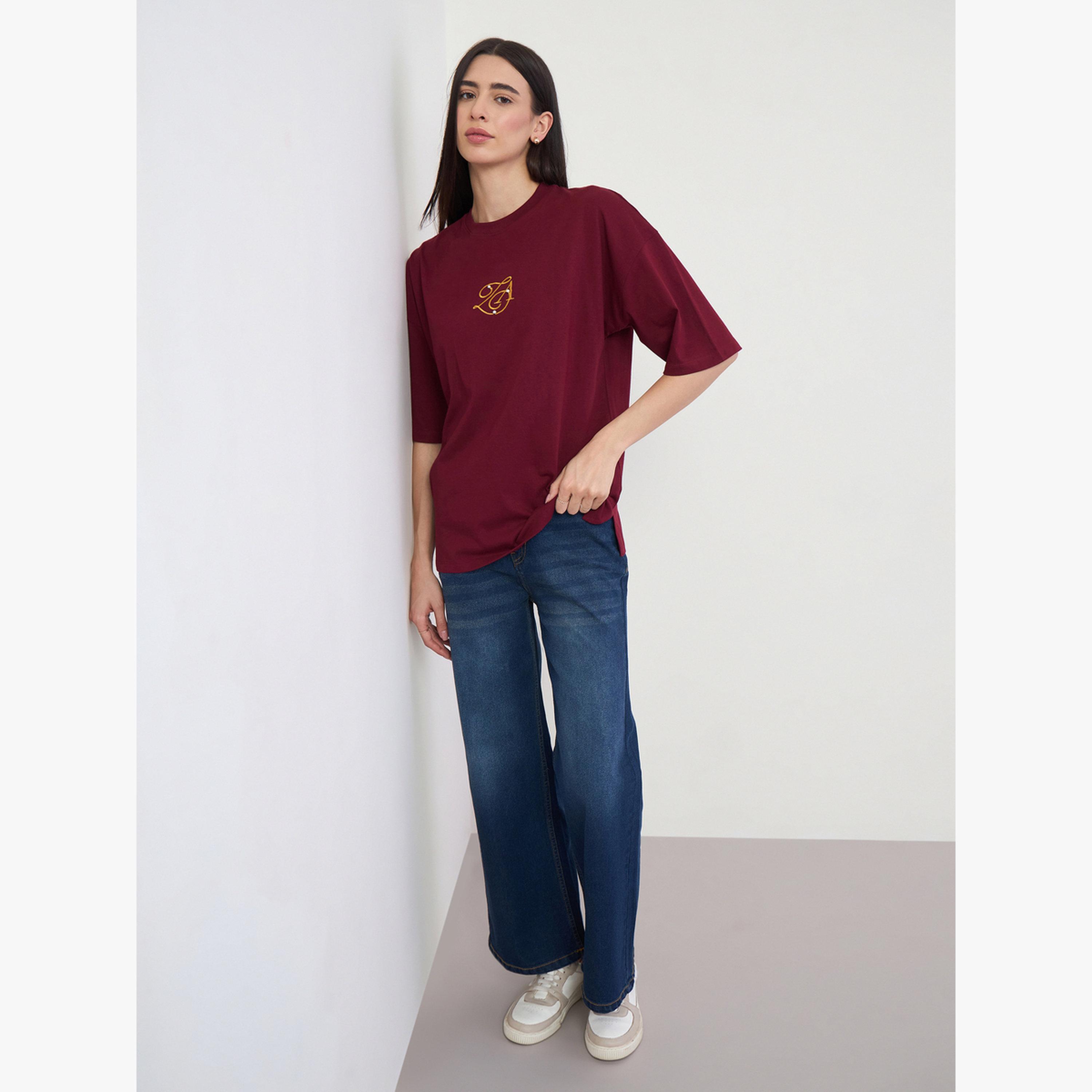 Styli Burgundy Embroidered Cotton Oversized T-Shirt-women-clothing-tshirts-image-2