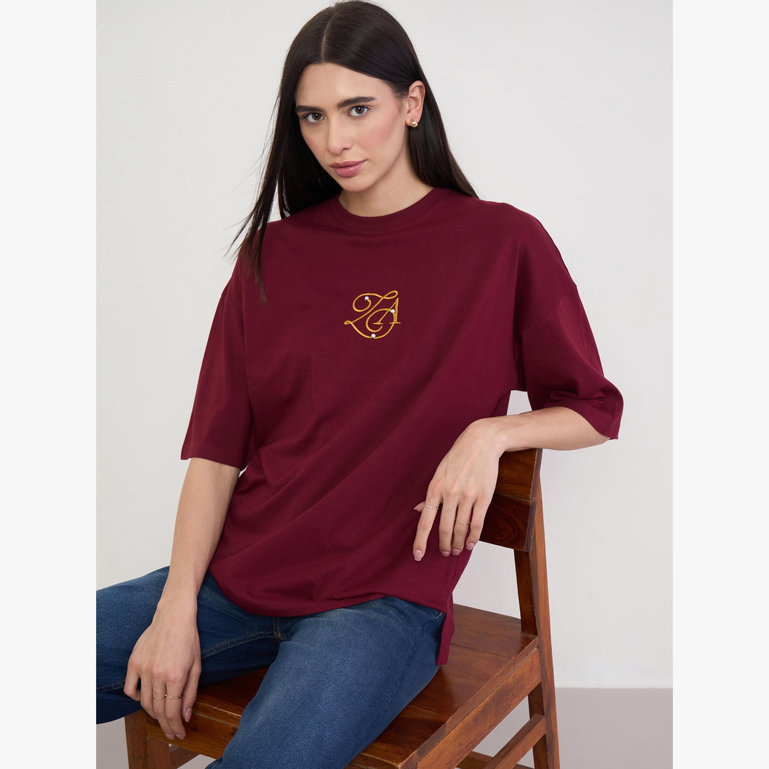 Styli Burgundy Embroidered Cotton Oversized T-Shirt-women-clothing-tshirts-image-3